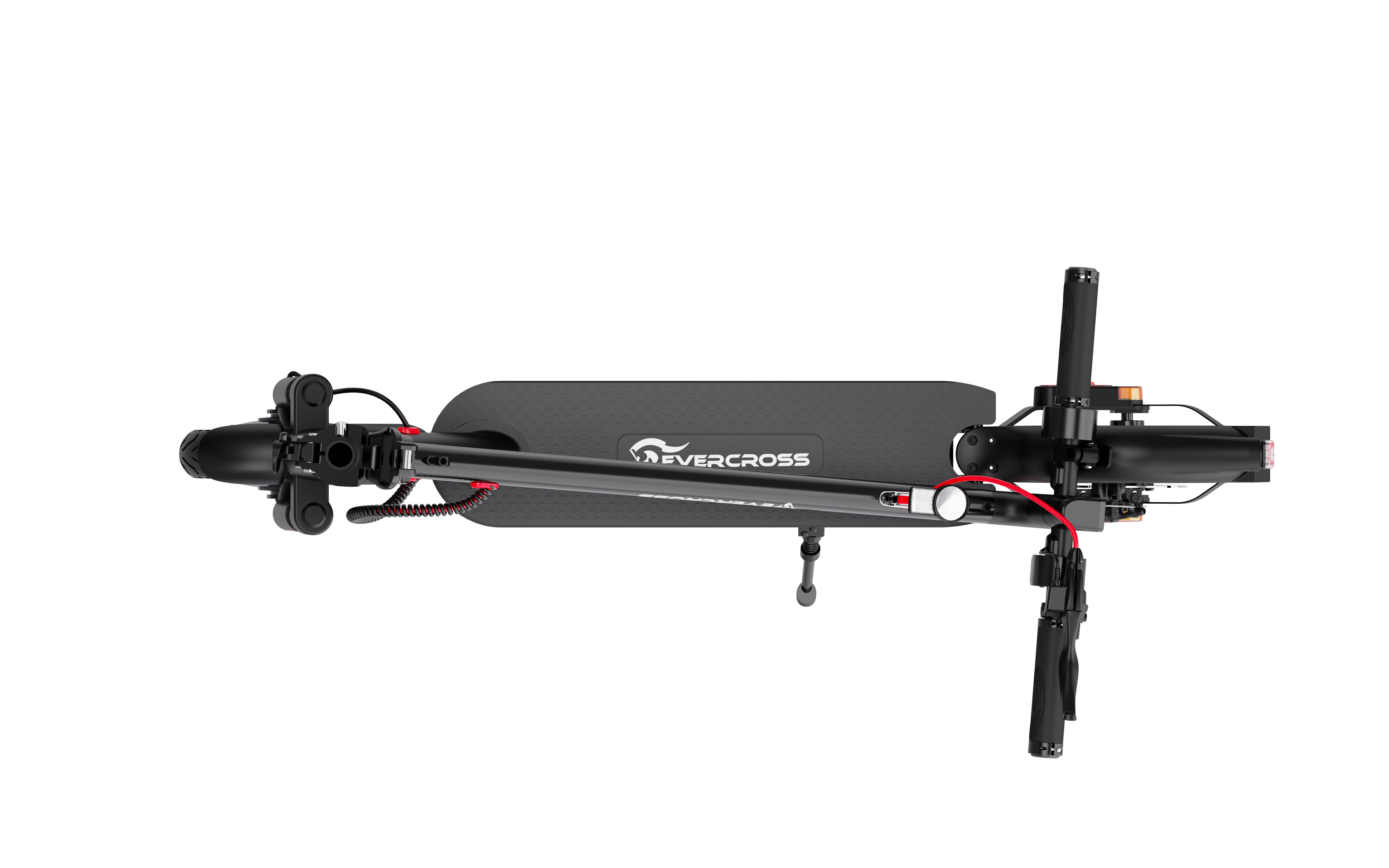 Vista cenital de un patinete eléctrico negro. El patinete tiene detalles rojos y está sobre fondo negro.