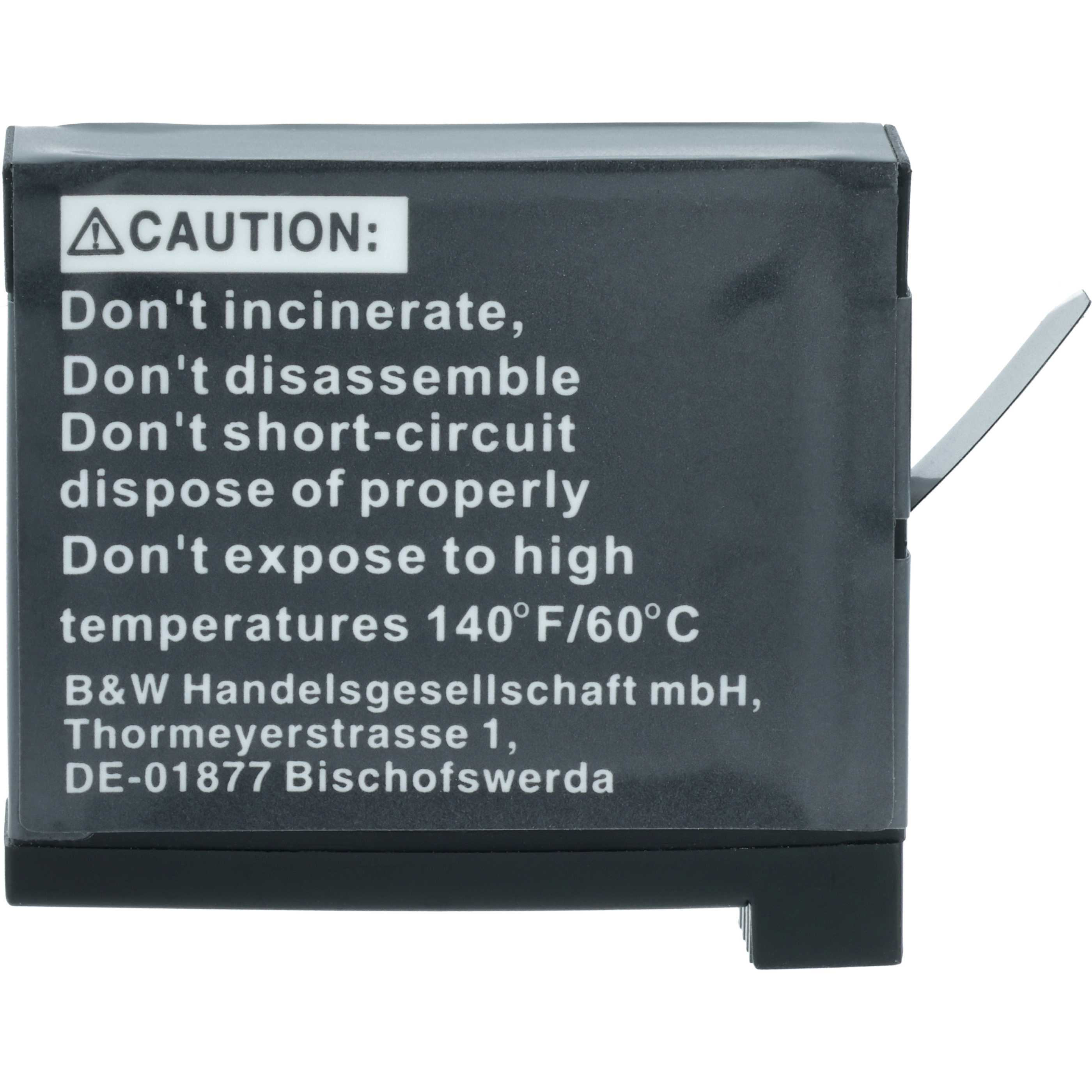 Nahaufnahme einer Batterie mit einem Vorsicht-Etikett mit Sicherheitshinweisen in Textform.