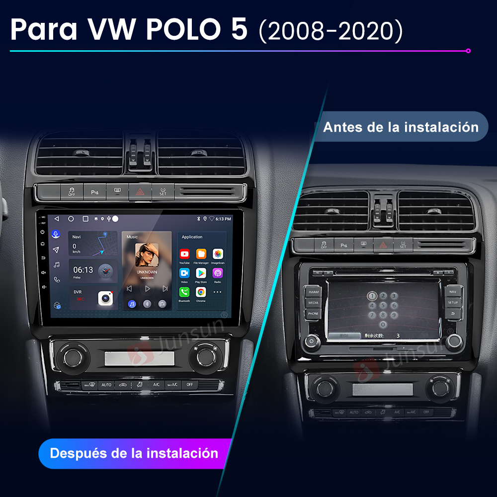 Imagen muestra instalación de radio de coche. Izquierda: radio instalado. Derecha: radio original. Texto: Para VW POLO 5 (2008-2020).