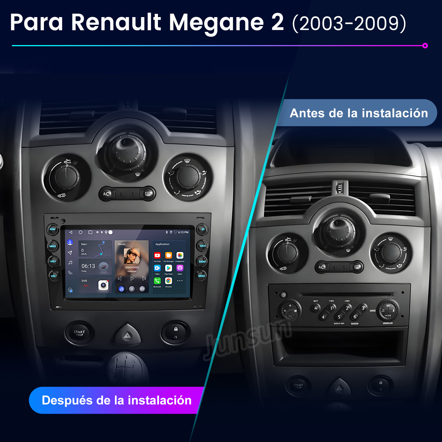 Comparación del salpicadero del coche antes y después de instalar un nuevo sistema de audio. La instalación se muestra a la izquierda.