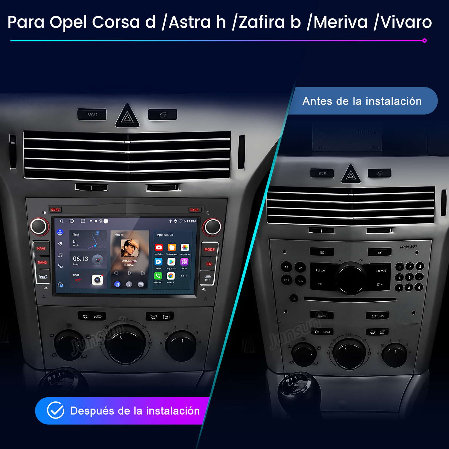 Imagen muestra comparación de instalación de radio de coche. Izquierda: radio instalado. Derecha: radio original. Texto: Para Opel Corsa d/Astra h...