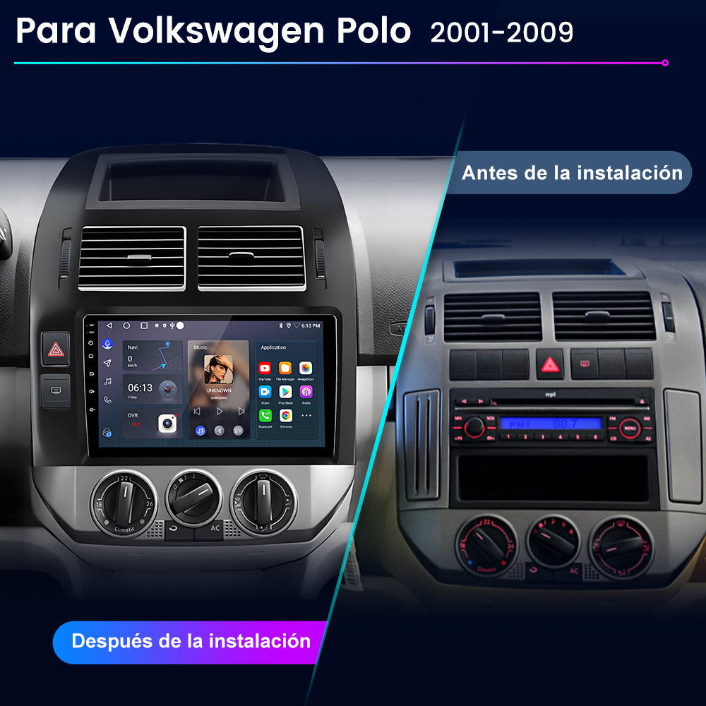 Comparación del salpicadero del coche antes y después de instalar el nuevo sistema de audio. El sistema está a la izquierda.