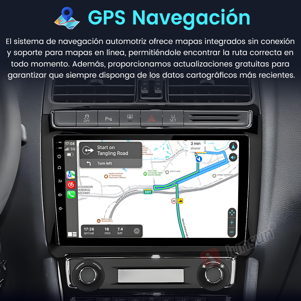 Pantalla de radio de coche que muestra un mapa de navegación GPS. La pantalla está rodeada de botones. Texto: Navegación GPS.