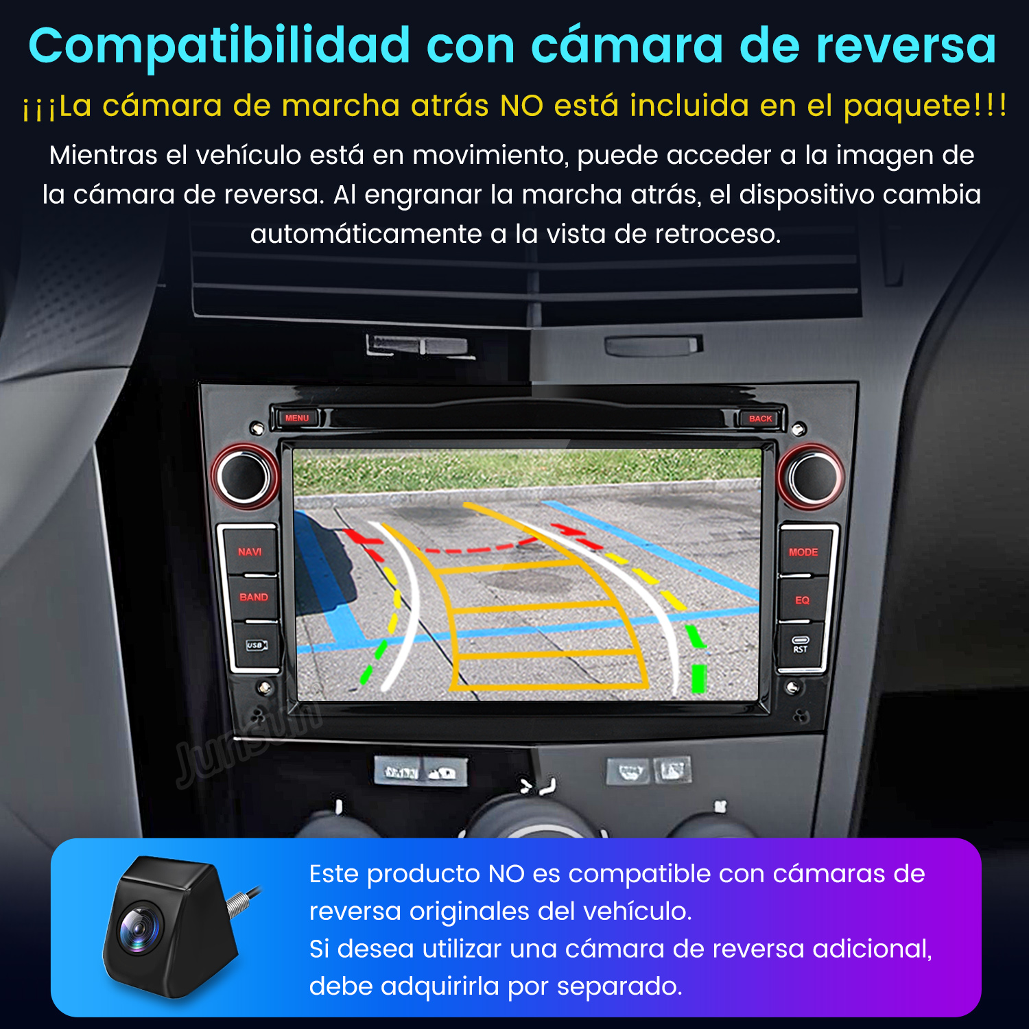 Pantalla de radio de coche mostrando una vista de cámara de marcha atrás. La pantalla está rodeada de botones. Texto: Compatibilidad con cámara de marcha atrás.