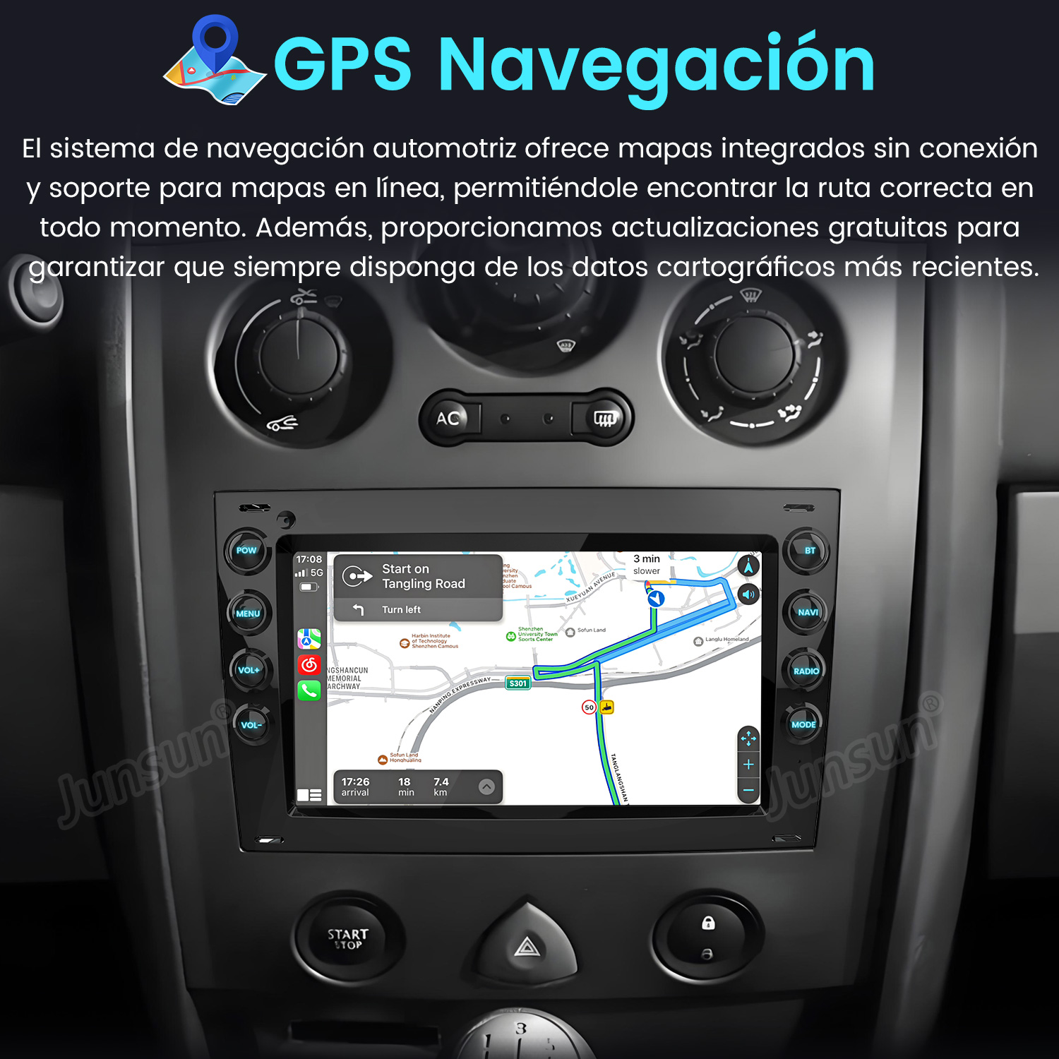 Pantalla del sistema de audio del coche mostrando un mapa de navegación. El texto dice 'GPS Navigation'. El salpicadero es oscuro.