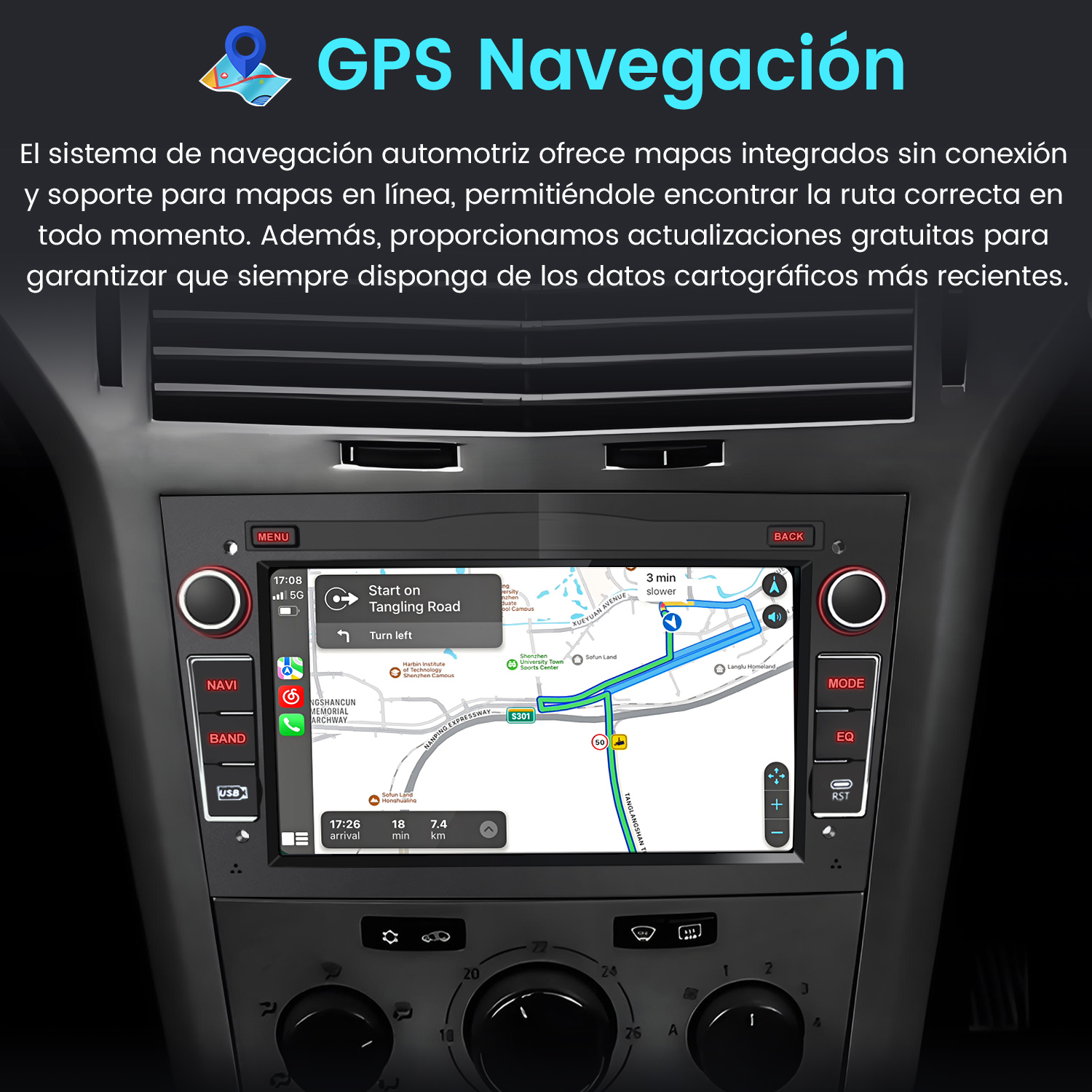 Pantalla de radio de coche que muestra un mapa de navegación GPS. La pantalla está rodeada de botones. Texto: Navegación GPS.
