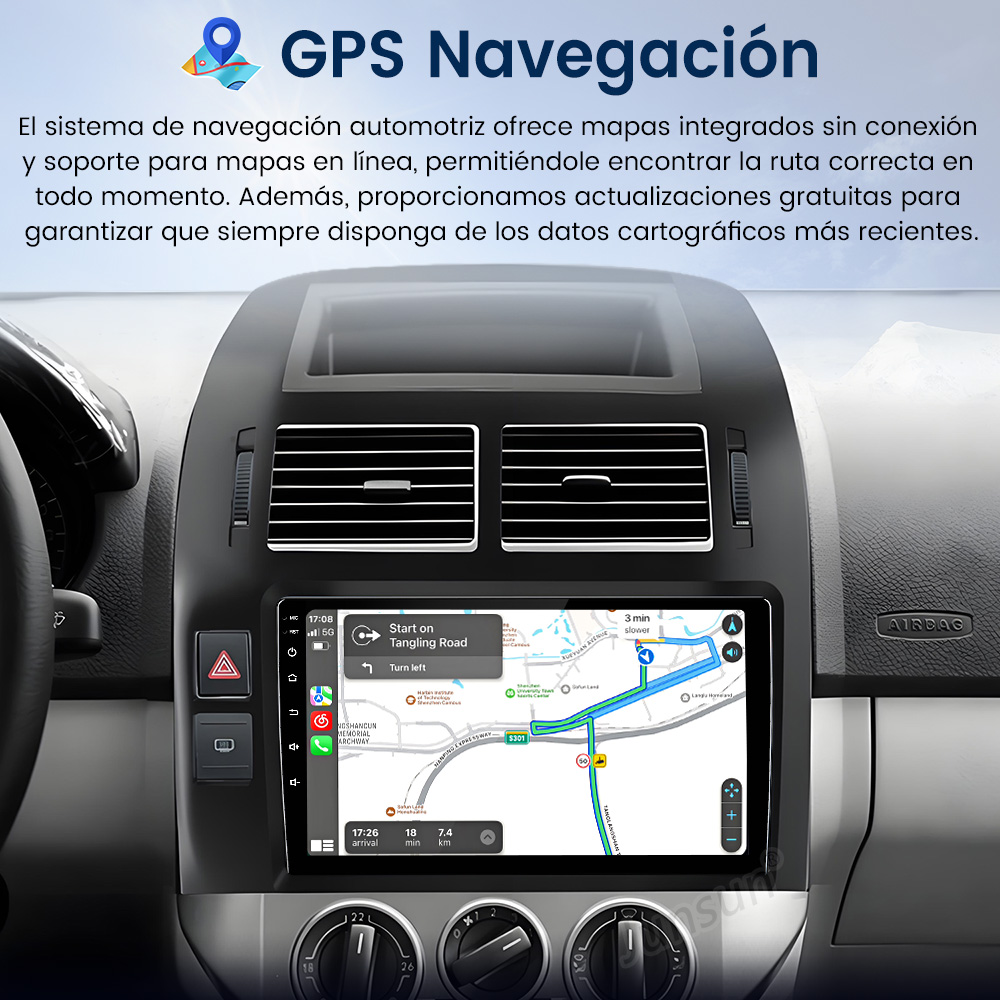Pantalla del sistema de audio del coche mostrando un mapa de navegación. El texto dice 'GPS Navigation'. El salpicadero es negro.