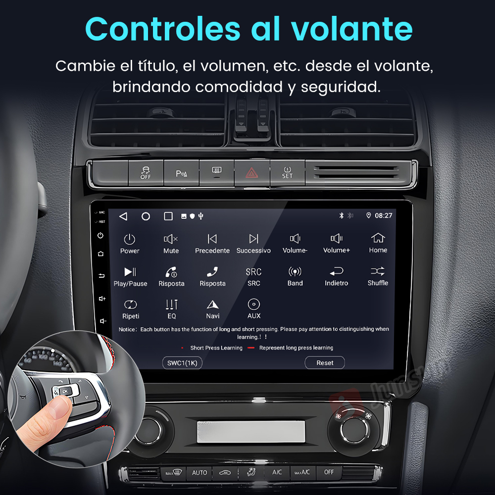 Pantalla de radio de coche que muestra controles y un volante. Texto: Controles del volante y seguridad.