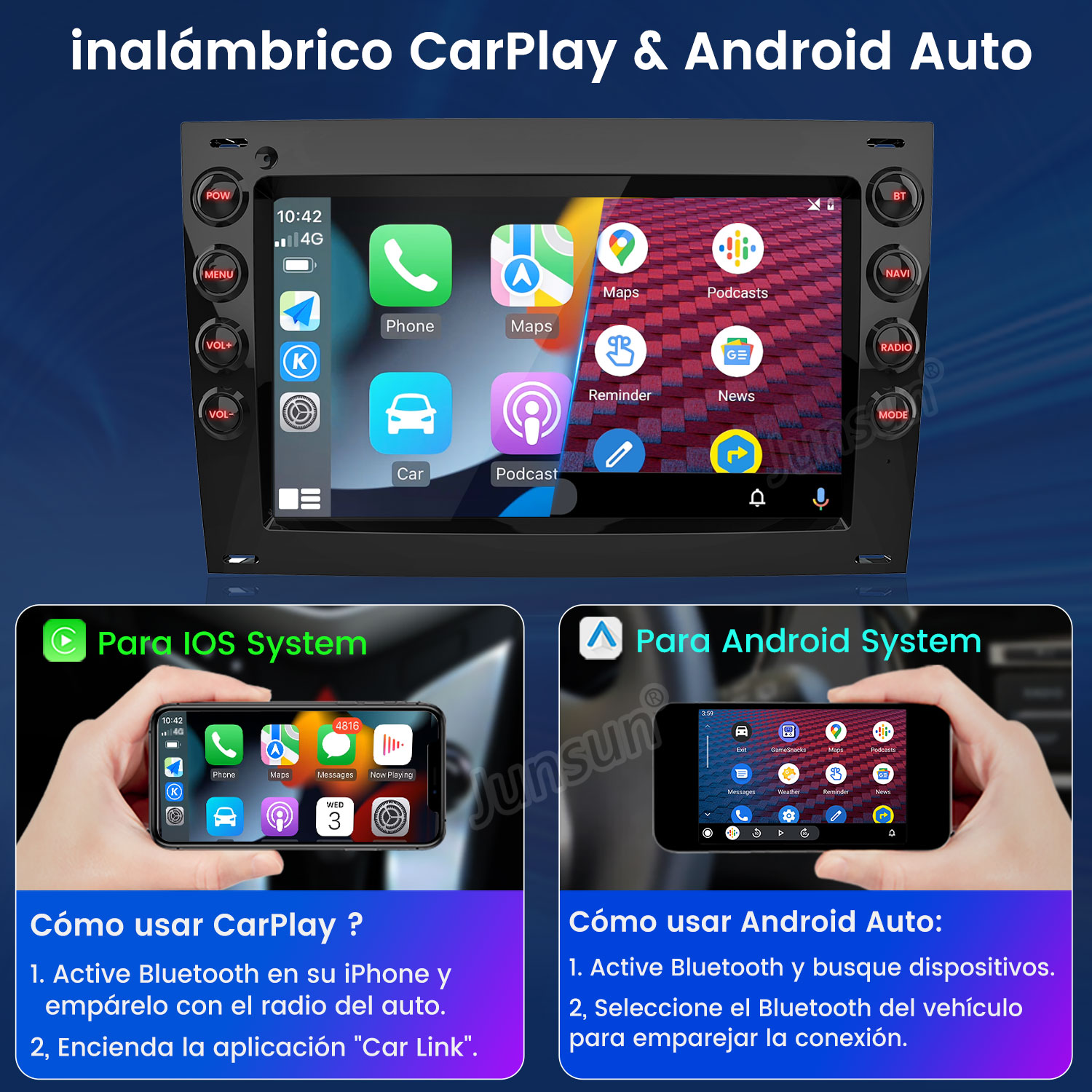 Interfaz del sistema de audio del coche con opciones CarPlay y Android Auto. Dos teléfonos con instrucciones.