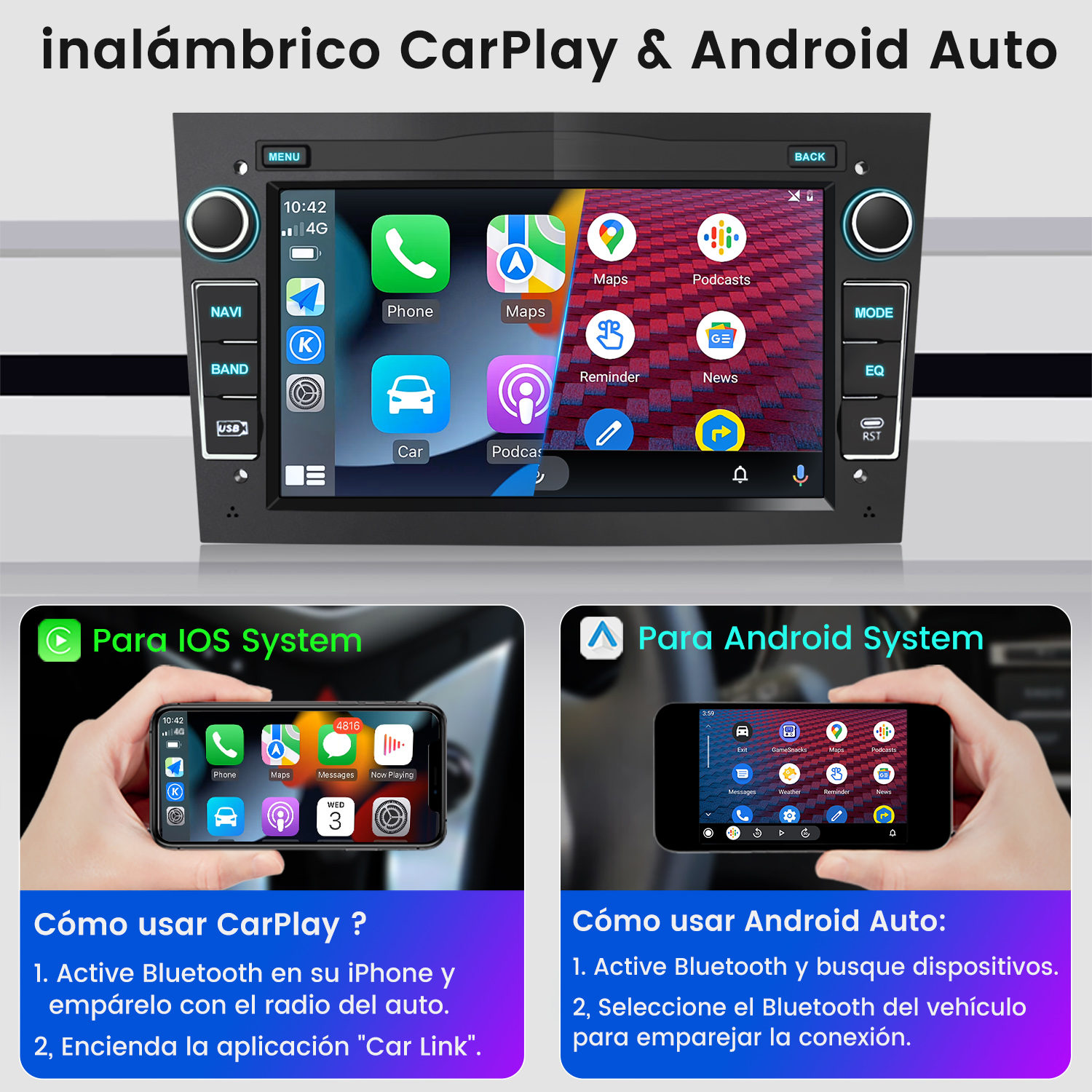 Radio de coche con pantalla que muestra las opciones de CarPlay y Android Auto. Muestra teléfono con Bluetooth y Car Link.
