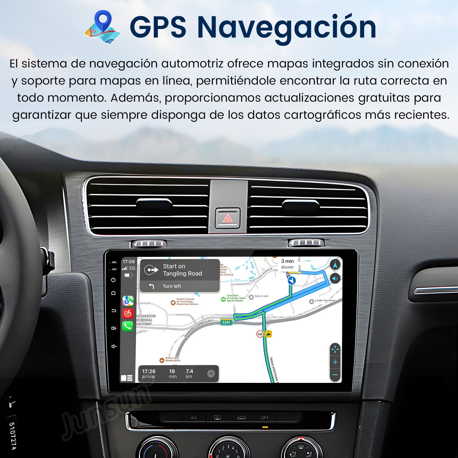 Pantalla del sistema de audio del coche mostrando un mapa de navegación. Se muestra el salpicadero. El fondo es oscuro.