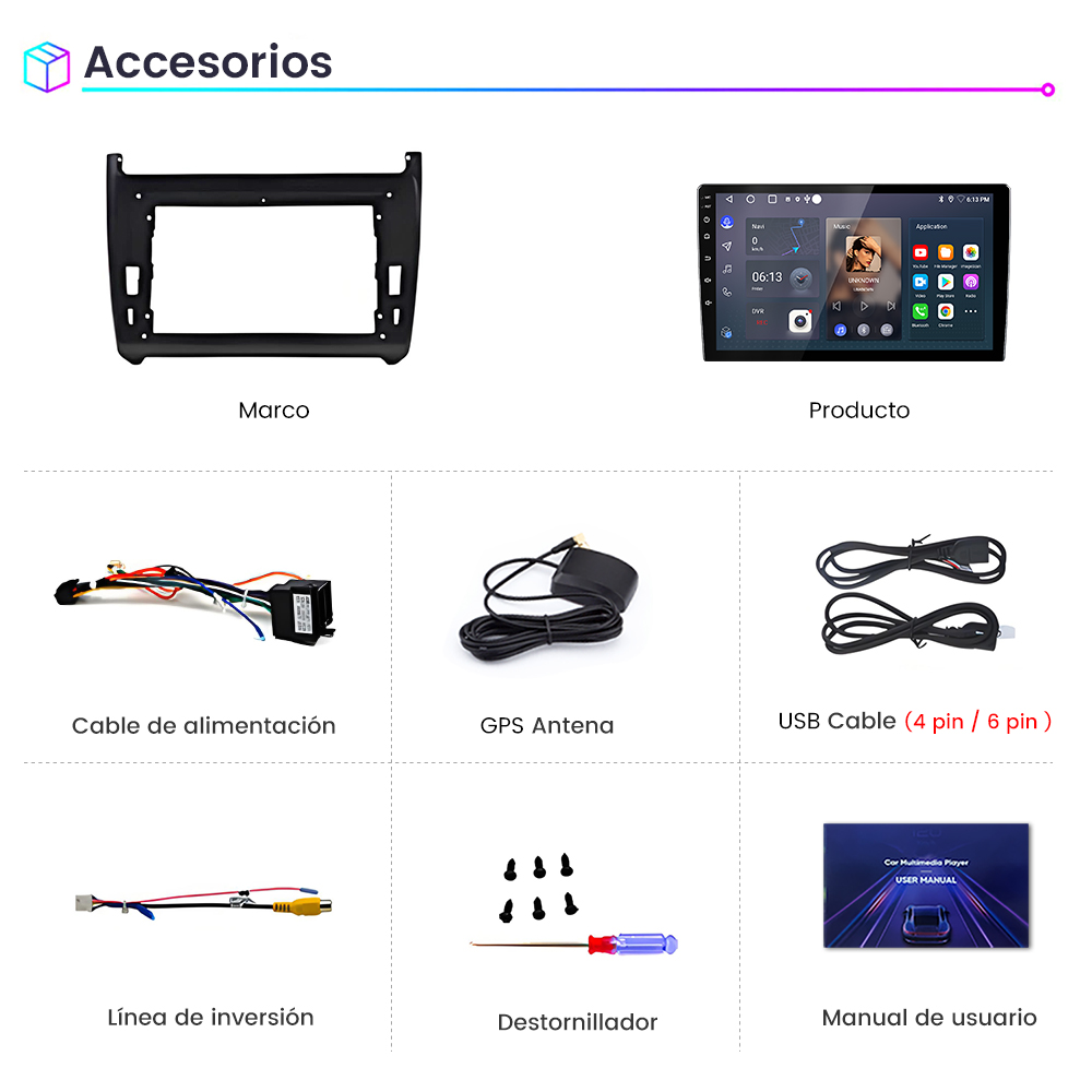Imagen muestra accesorios: marco, producto, cable de alimentación, antena GPS, cable USB, línea de inversión, destornillador, manual de usuario.