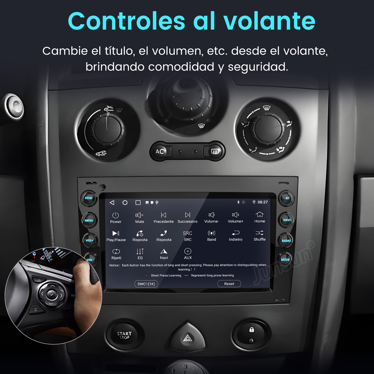 Pantalla de radio de coche con controles. Muestra una pantalla con botones y otros controles del coche.