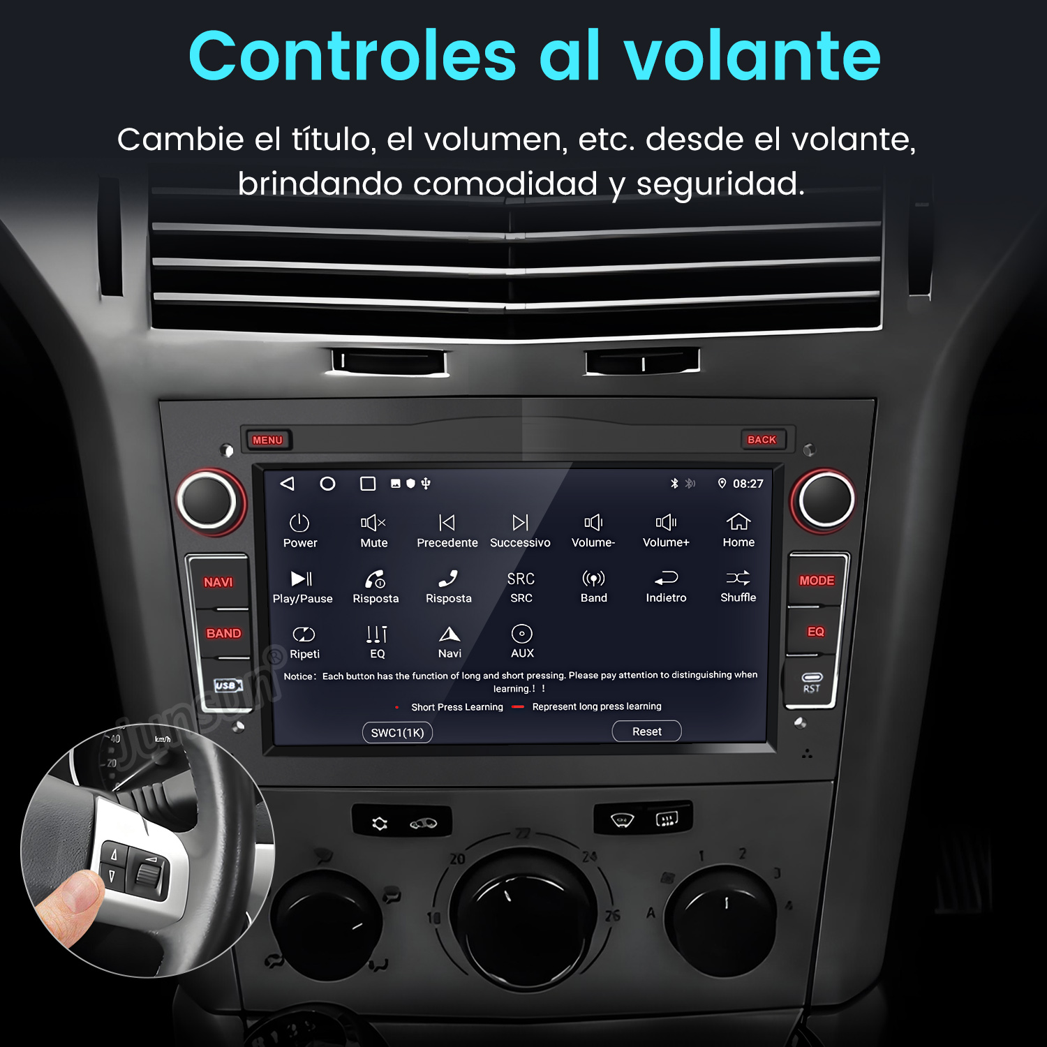Panel de coche con pantalla y botones. Se muestra el volante. La interfaz muestra opciones de radio.