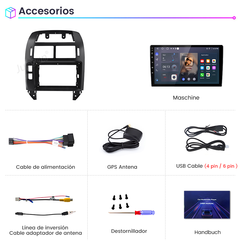 Accesorios de radio para coche: marco, máquina, cables, antena GPS, cable USB, línea de marcha atrás y destornillador.