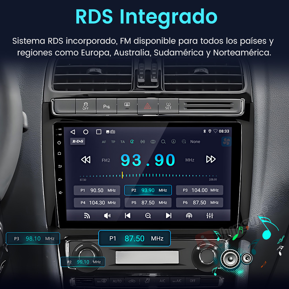 Panel de coche con pantalla que muestra información de radio y botones. El texto indica sistema RDS Integrado.