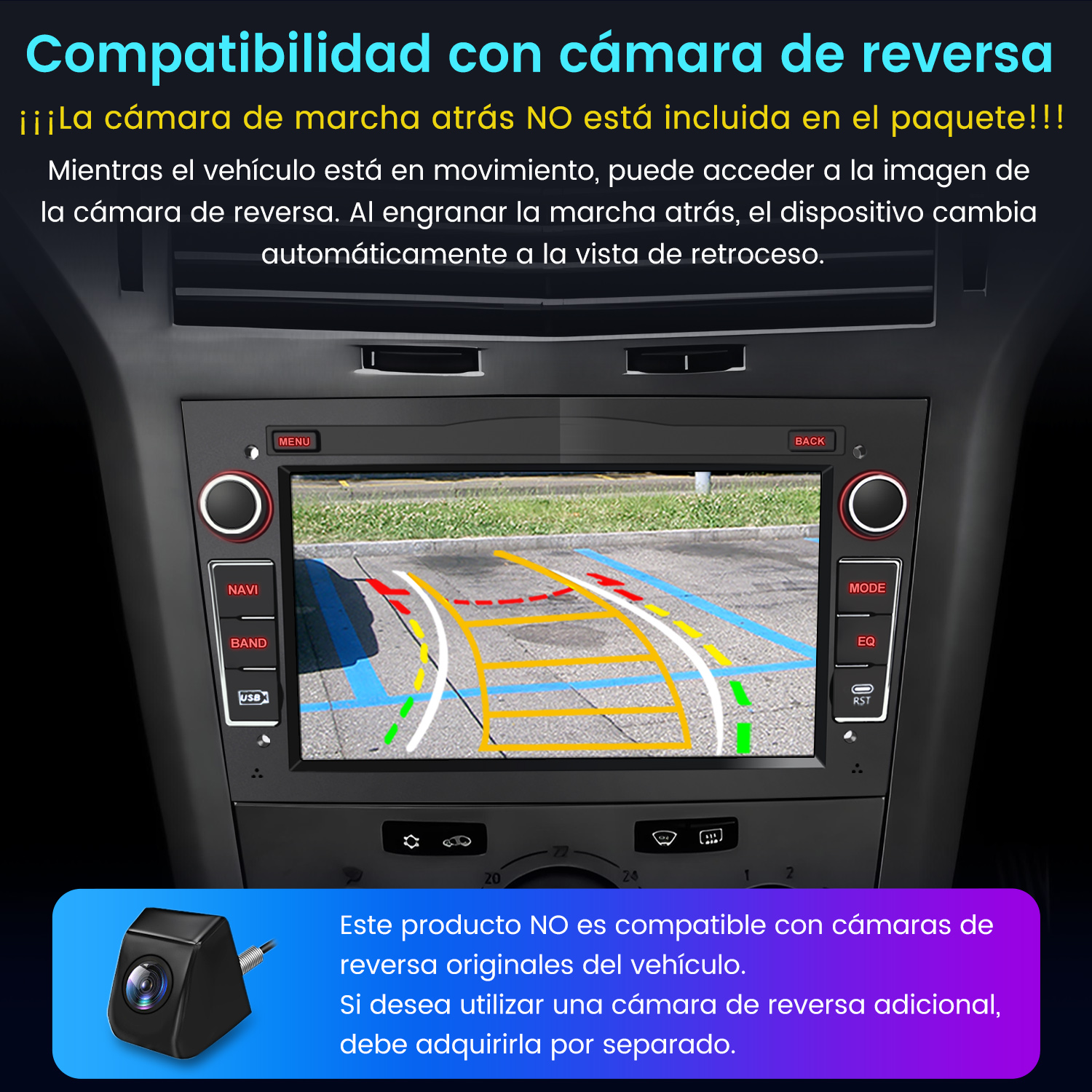 Pantalla de radio del coche con vista de cámara de marcha atrás. La pantalla muestra líneas de estacionamiento y una cámara.