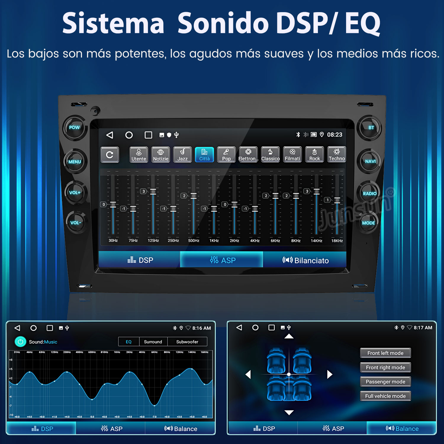 Pantalla de radio de coche que muestra la configuración de sonido DSP/EQ con varias opciones: Surround, realce de graves, etc. Muestra gráfico del interior del coche.