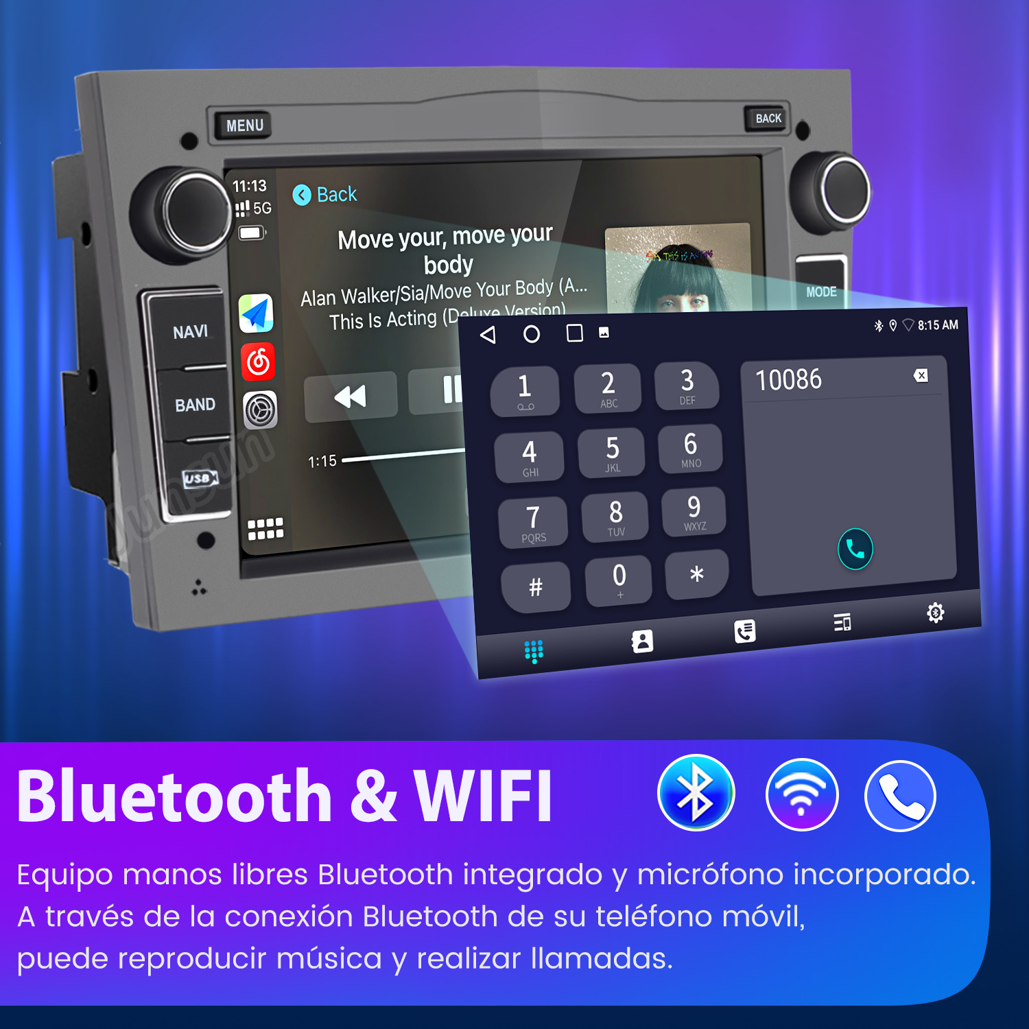 Sistema de audio para coche mostrando interfaz de reproductor de música y teclado numérico. Logos de Bluetooth y WIFI abajo.