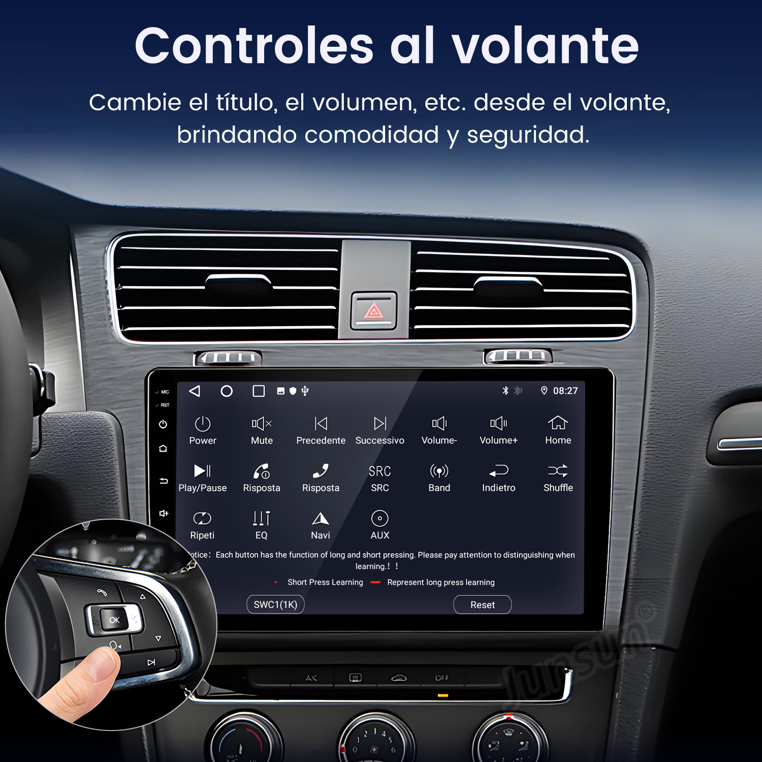 Pantalla de radio de coche que muestra los controles. La pantalla muestra botones y controles del coche.