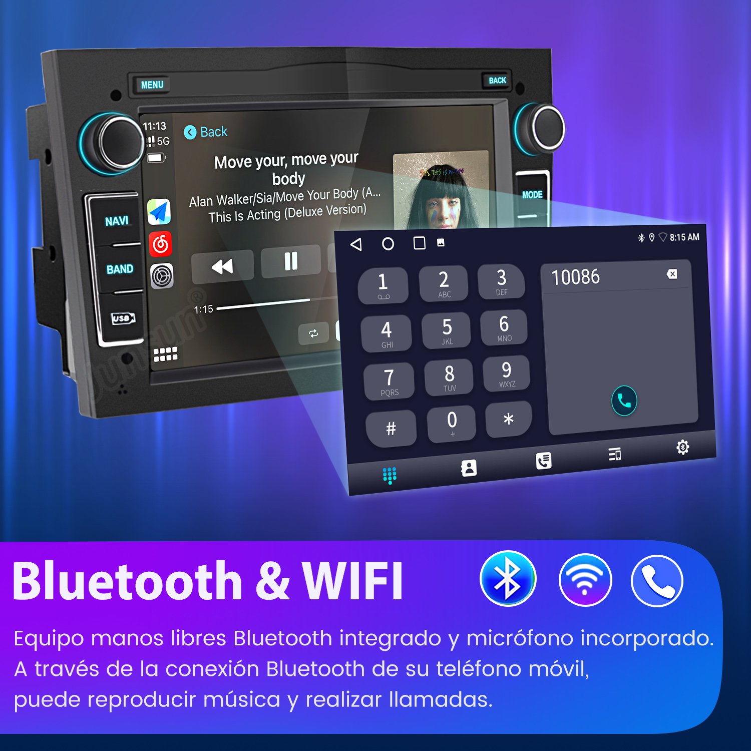 Pantalla de radio de coche que muestra música y un marcador telefónico. Los iconos de Bluetooth y WiFi son visibles en la parte inferior.