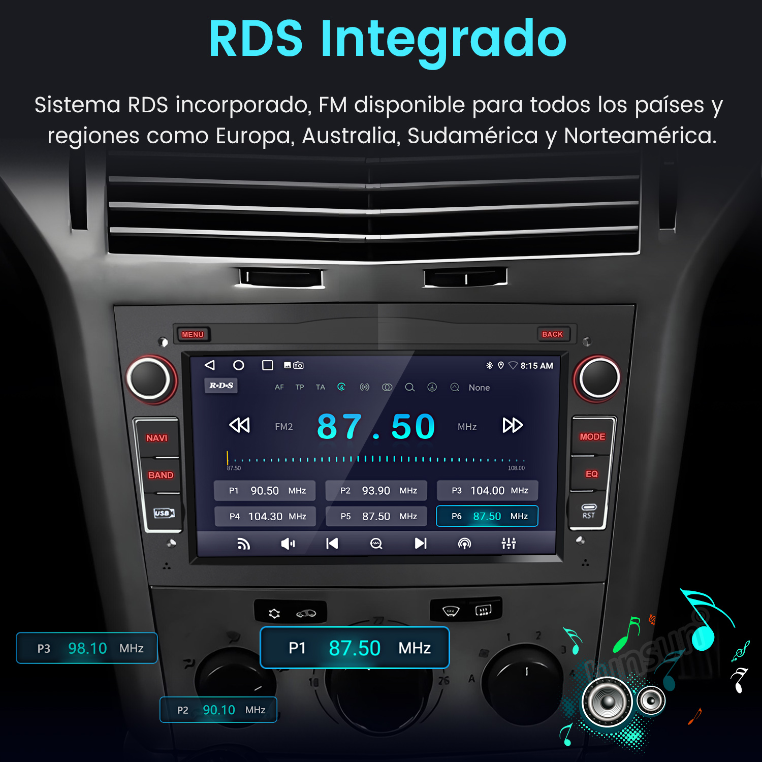 Pantalla de radio de coche con pantalla RDS integrada. La pantalla muestra estaciones de radio, FM y otra información.
