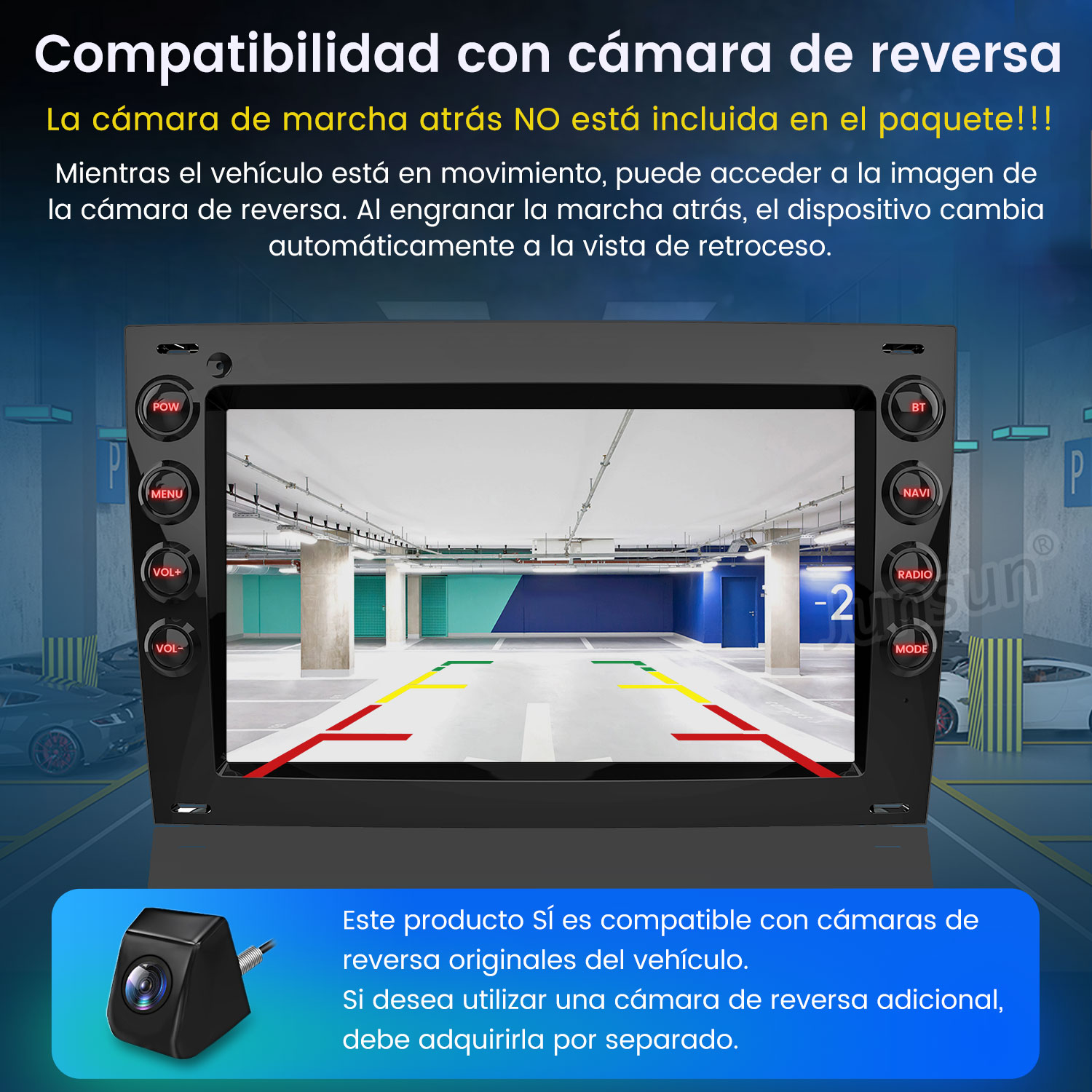 Pantalla de radio de coche con vista de cámara de marcha atrás. La pantalla muestra líneas de estacionamiento y una cámara.