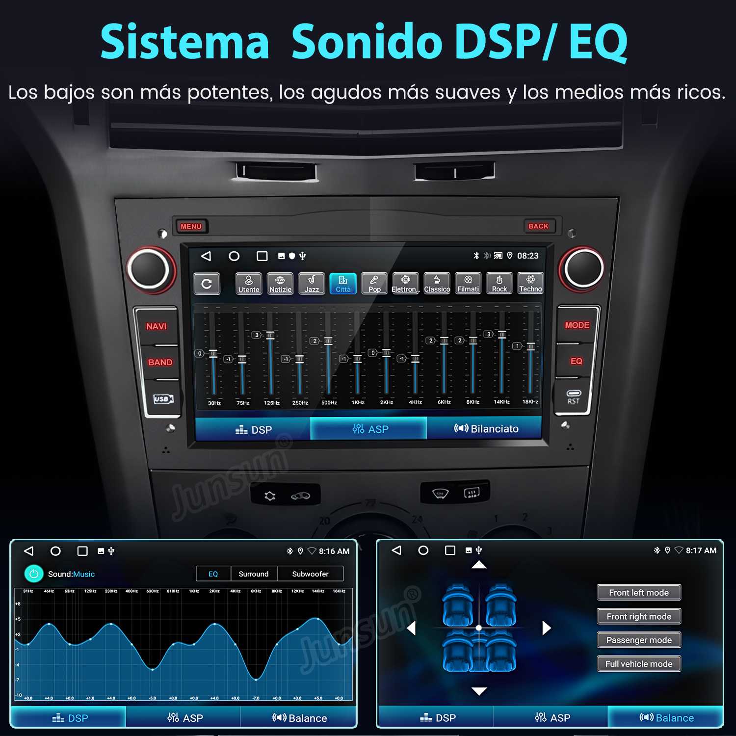 Pantalla de radio de coche que muestra la configuración de sonido, DSP/EQ. Muestra la configuración de sonido y un diseño interior del coche.