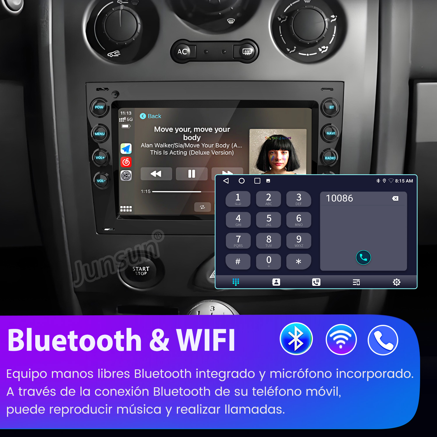 Pantalla del sistema multimedia del coche que muestra controles de música y un teclado para llamadas Bluetooth.