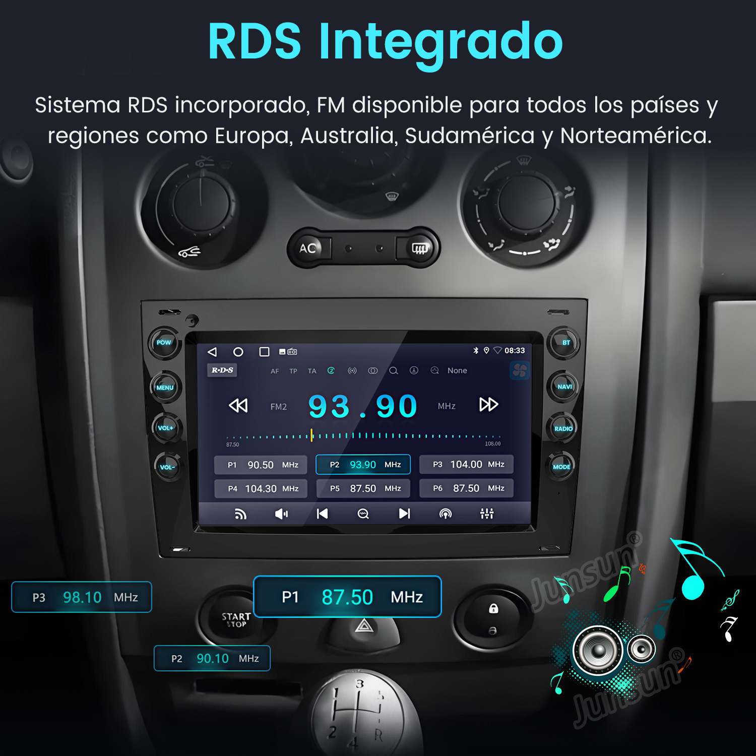 Pantalla multimedia del coche mostrando información de radio y presintonías. La pantalla está en el salpicadero.