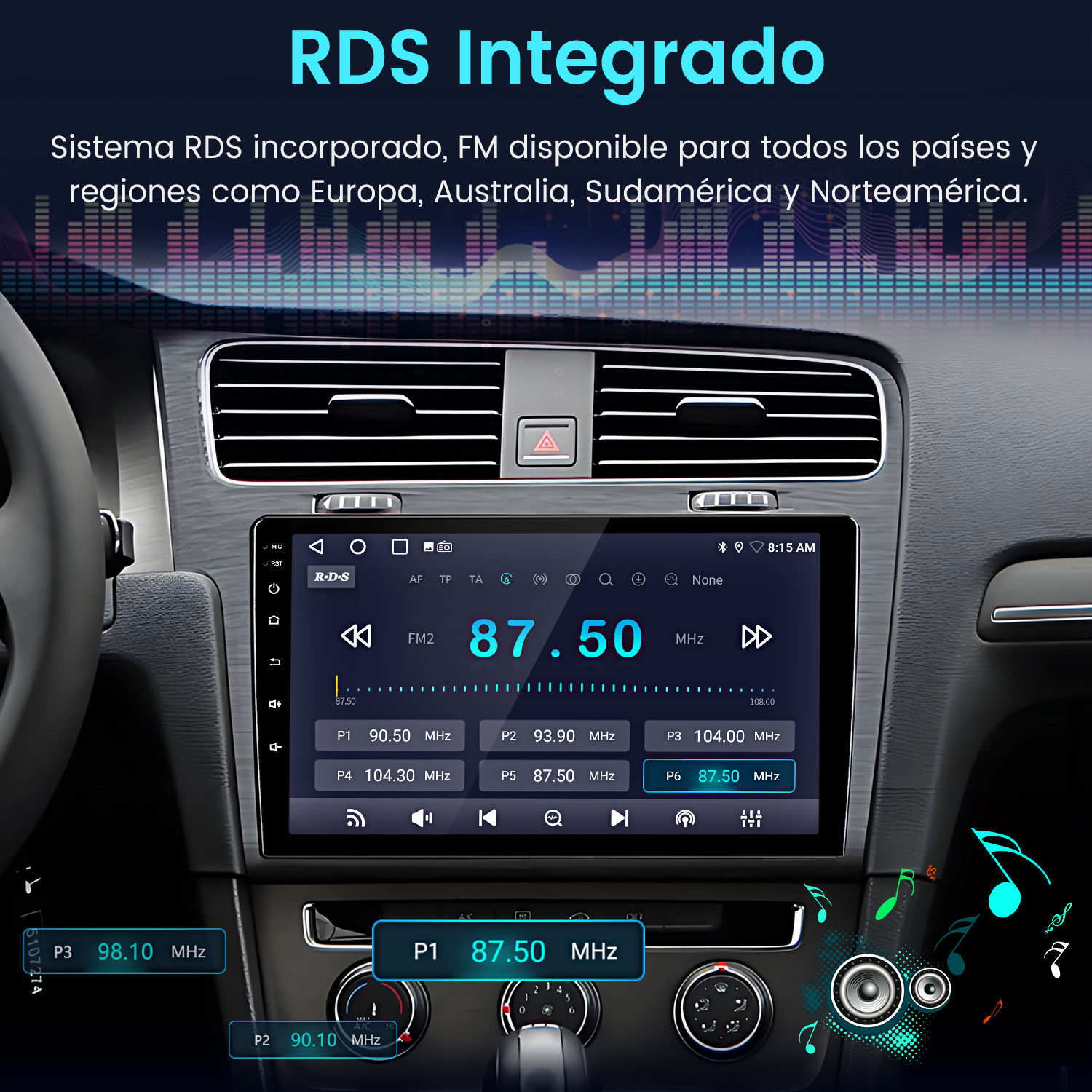 Panel de instrumentos del coche con una pantalla de radio que muestra información de emisoras y preajustes.