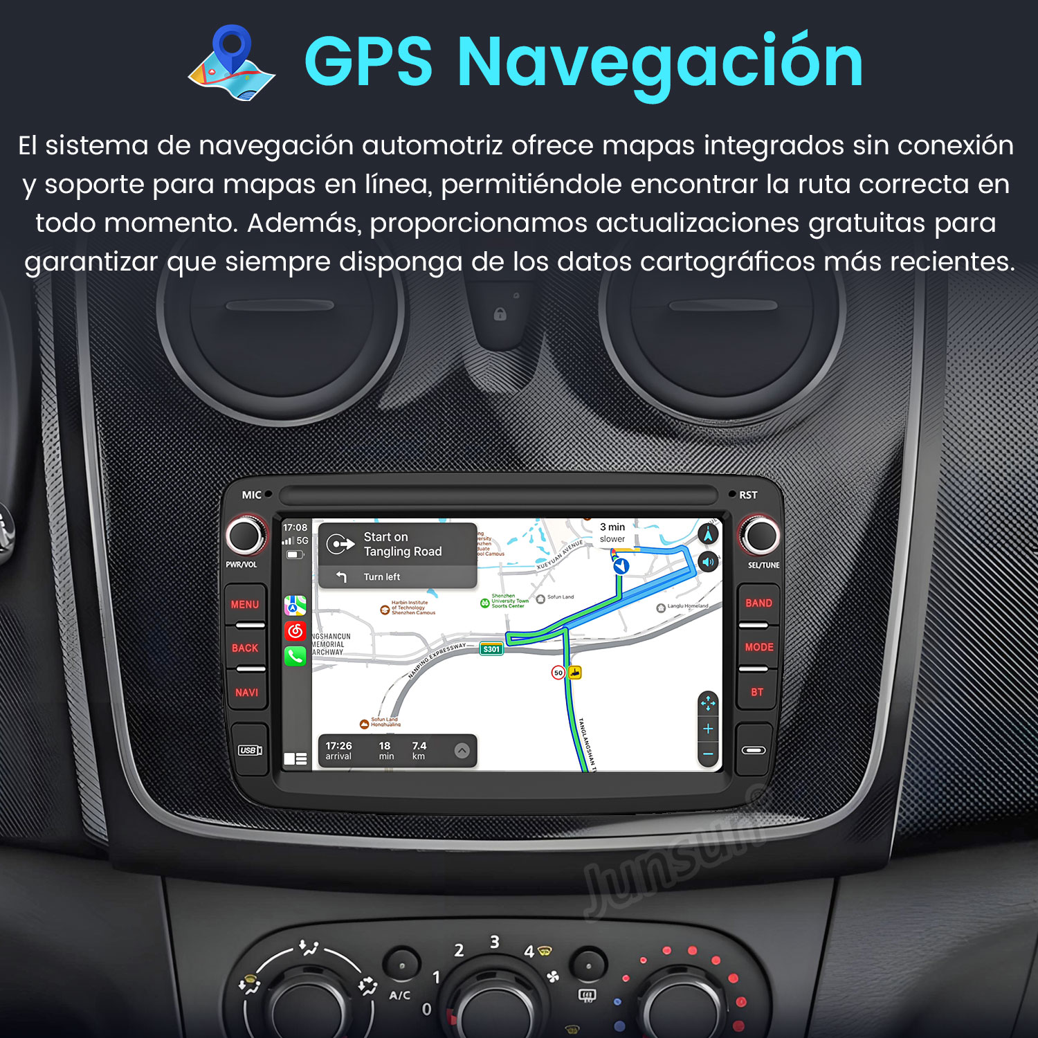 Pantalla de navegación del coche que muestra un mapa con una ruta. La pantalla está integrada en el salpicadero.