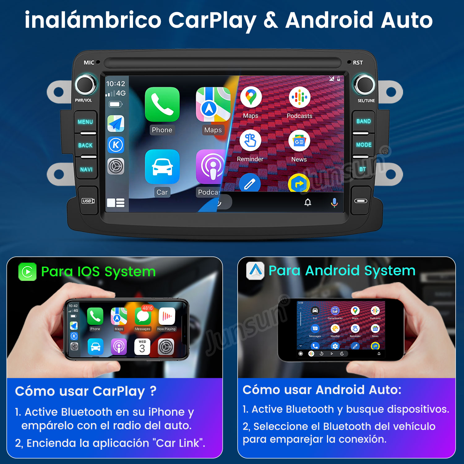 Pantalla de estéreo de coche con aplicaciones. Muestra teléfono, mapas y podcasts, con texto en español. Dos teléfonos abajo.