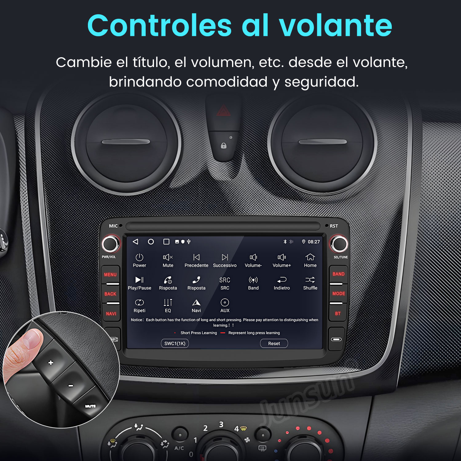 Panel de instrumentos del coche con pantalla que muestra ajustes y controles del volante. Una mano toca el volante.