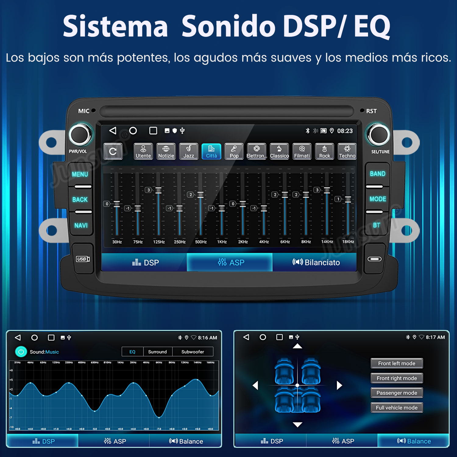 Pantalla del sistema multimedia del coche. Muestra opciones de configuración y un ecualizador para ajustar el sonido.