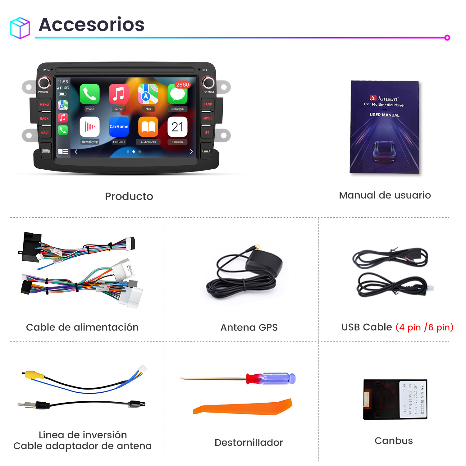Varios accesorios para automóviles, incluyendo una pantalla, cables, antena GPS y un manual del usuario.