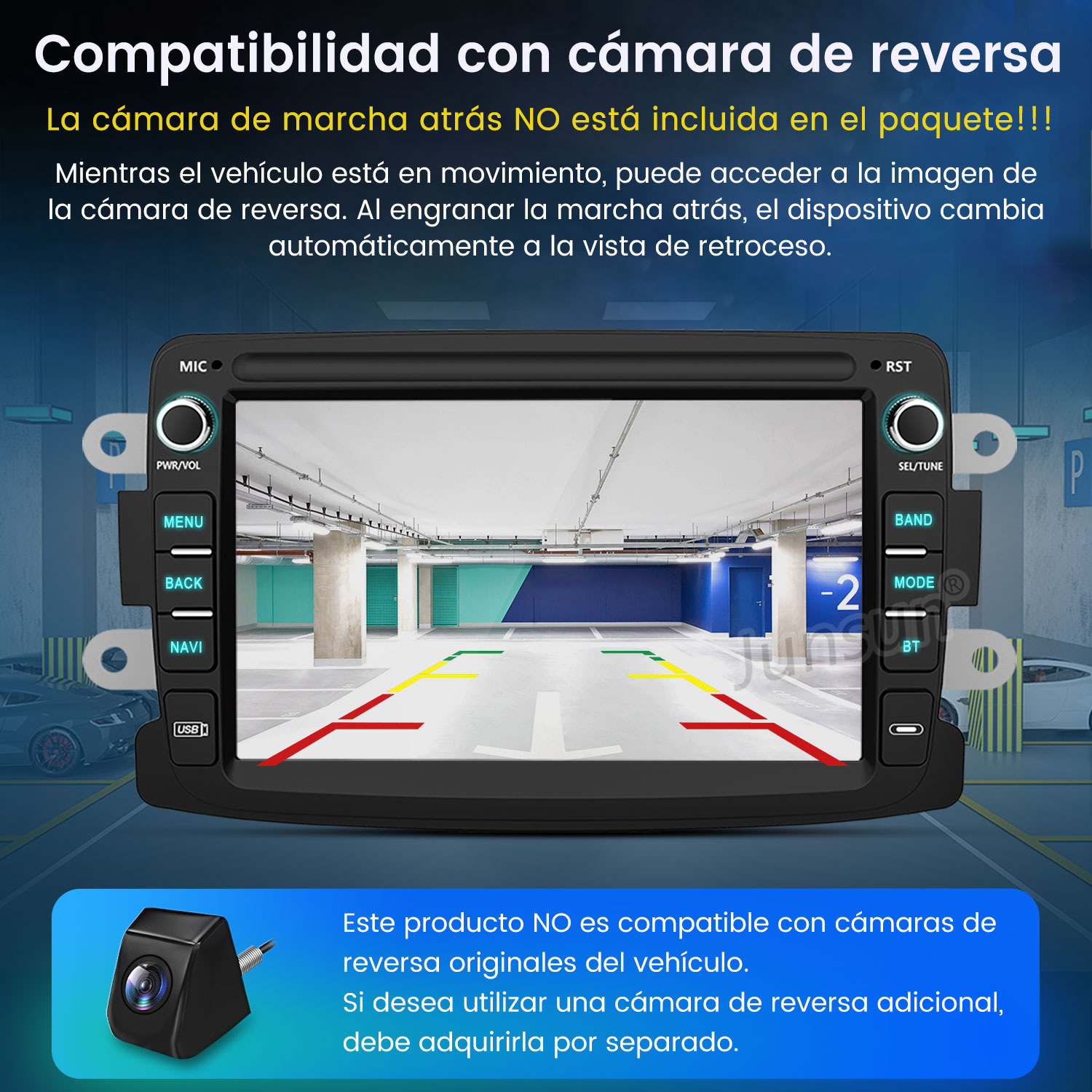 Pantalla multimedia del coche mostrando vista de cámara trasera de un estacionamiento con coches.