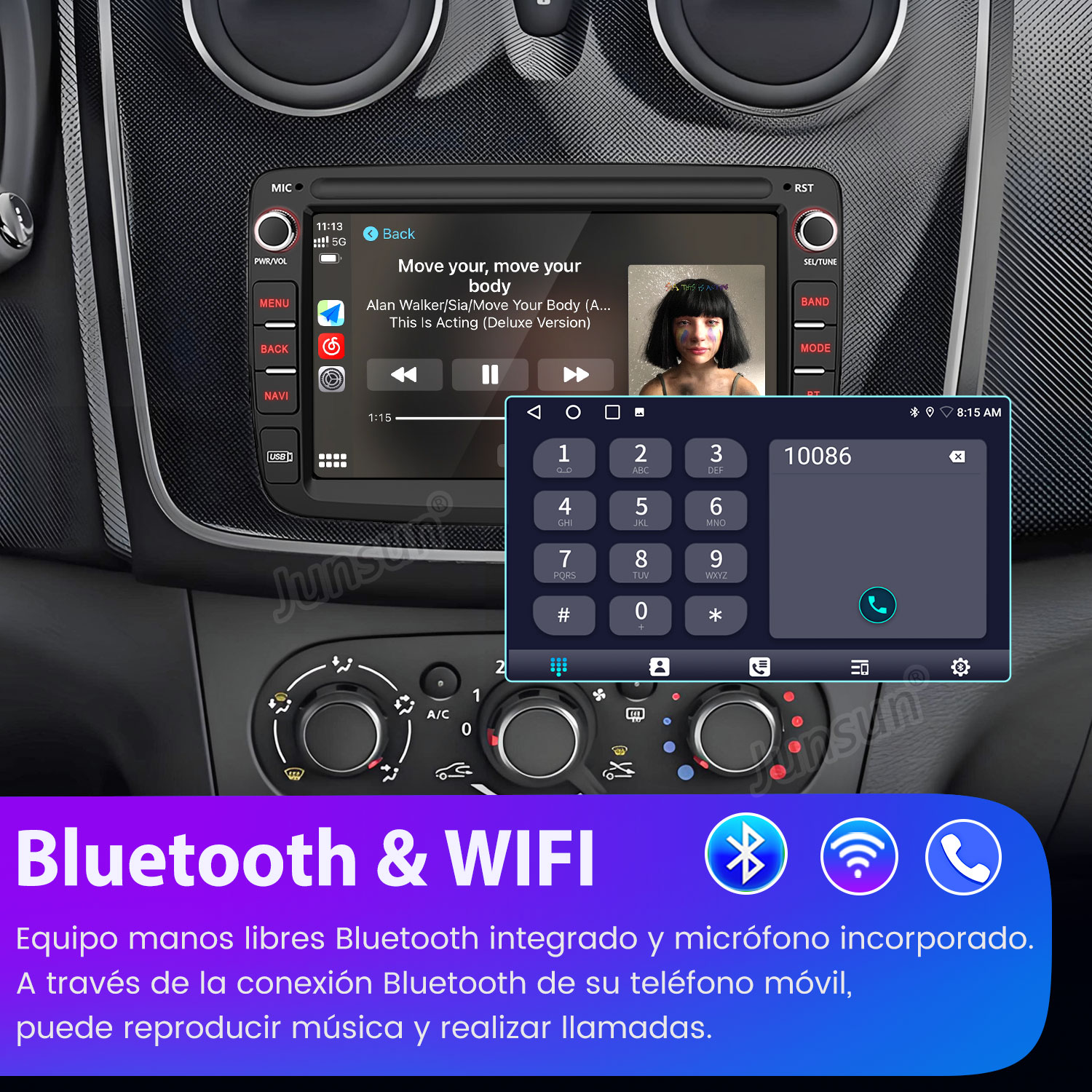 Pantalla del sistema multimedia del coche que muestra controles de música y un teclado para llamadas Bluetooth.