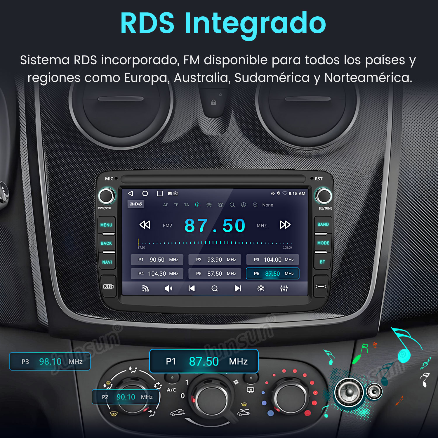 Panel de instrumentos del coche con una pantalla de radio que muestra información de emisoras y preajustes.