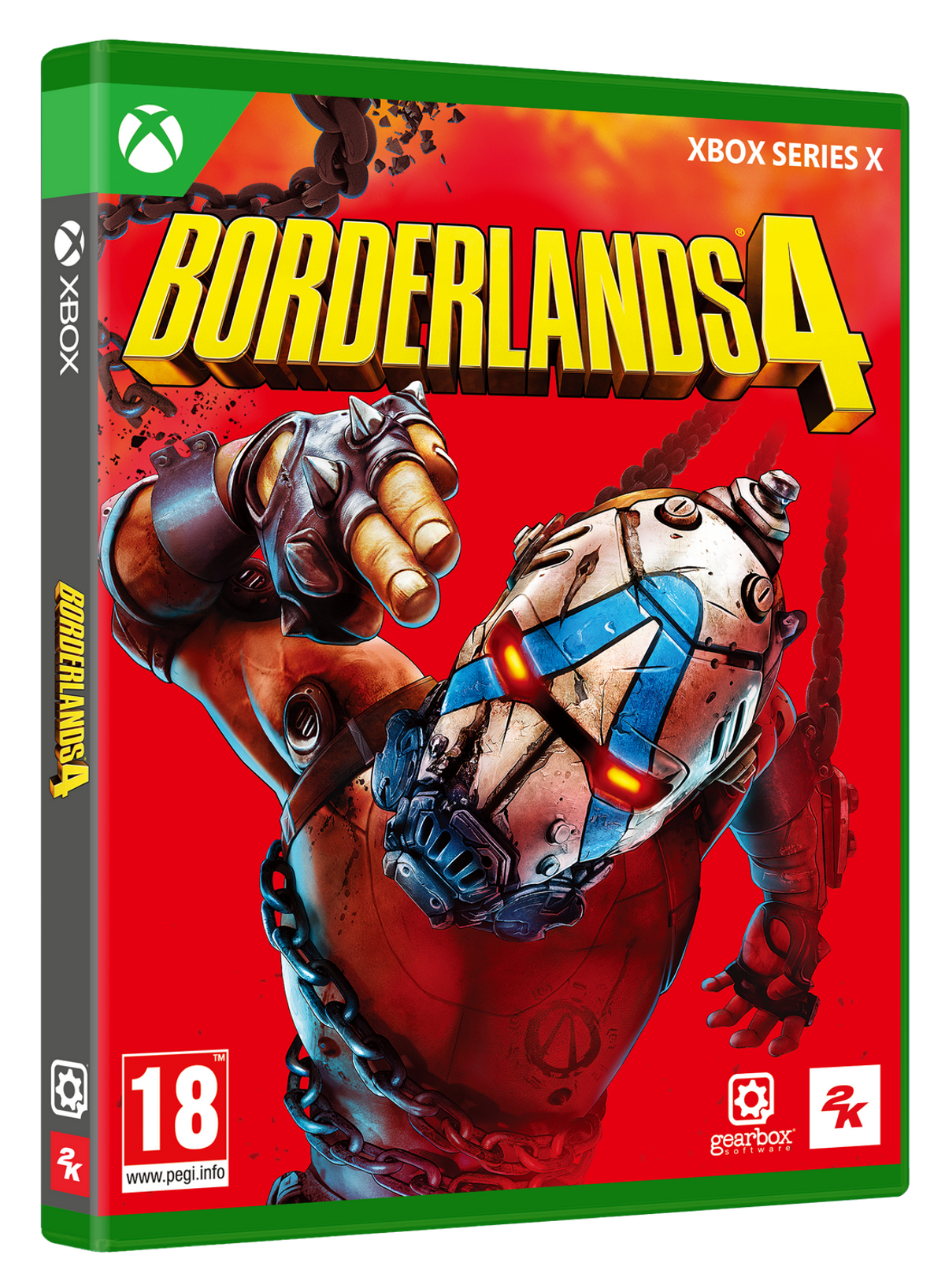 Pudełko z grą Borderlands 4, z umięśnionym bohaterem na czerwonym tle.