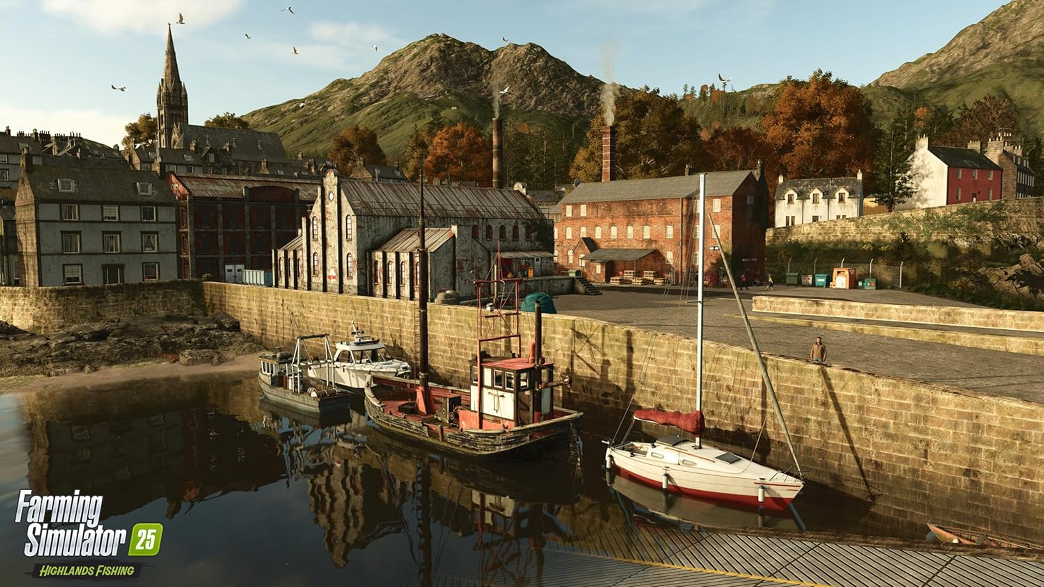 Una scena di città costiera con barche ed edifici, un logo di Farming Simulator 25 è visibile.