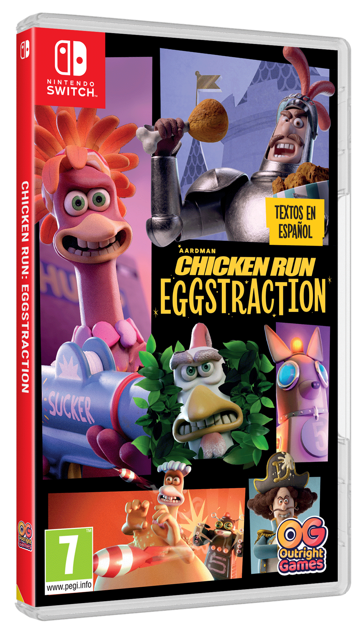 Portada del juego "Chicken Run: Eggstraction" para Nintendo Switch con gallinas de dibujos animados.