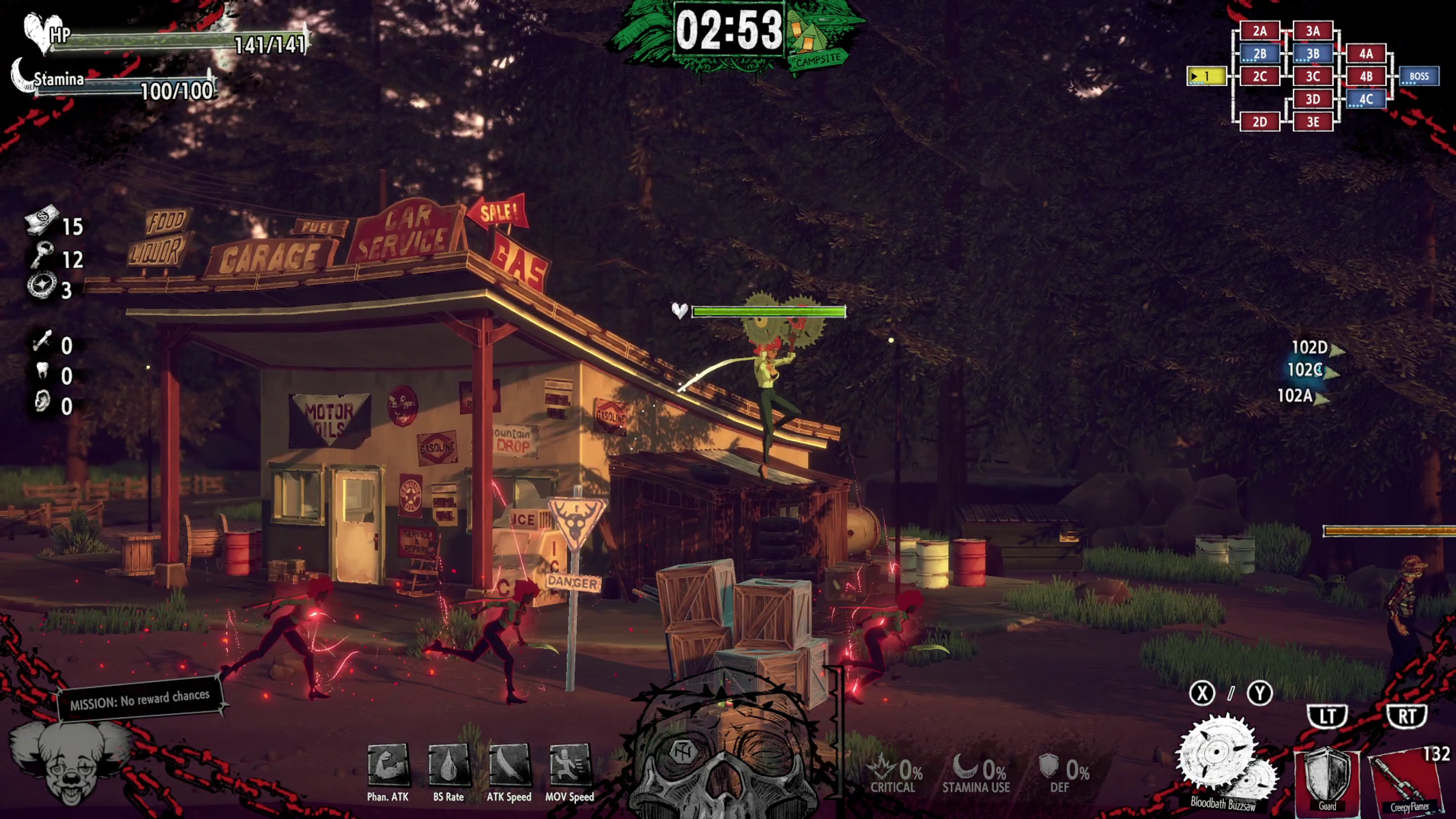Spiel-Screenshot: eine Frau auf einem Tankstellendach, Zombies und Spiel-UI.