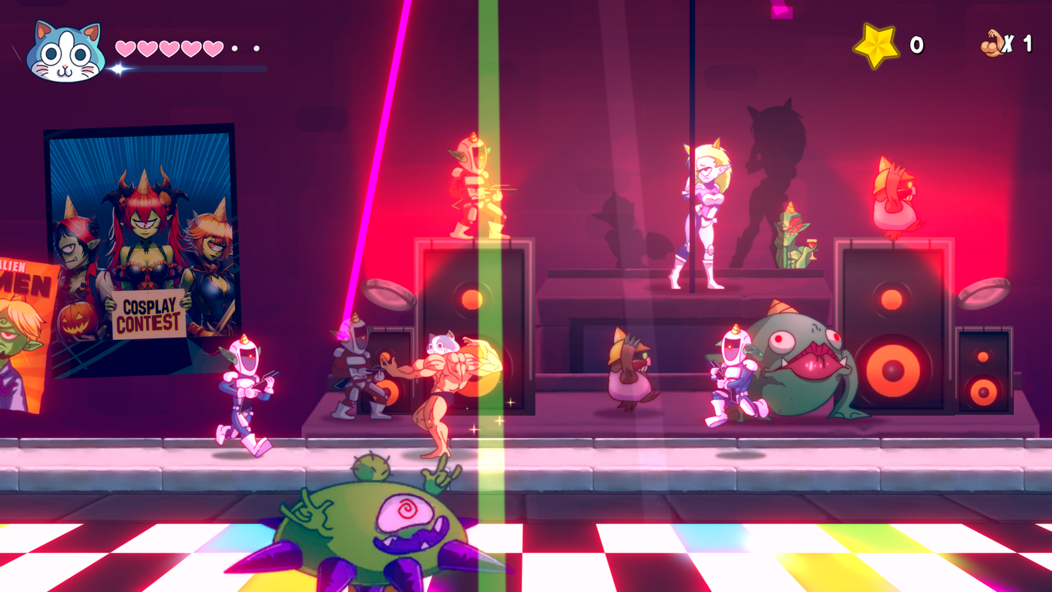 Una scena di gioco con personaggi dei cartoni animati in un ambiente discoteca.