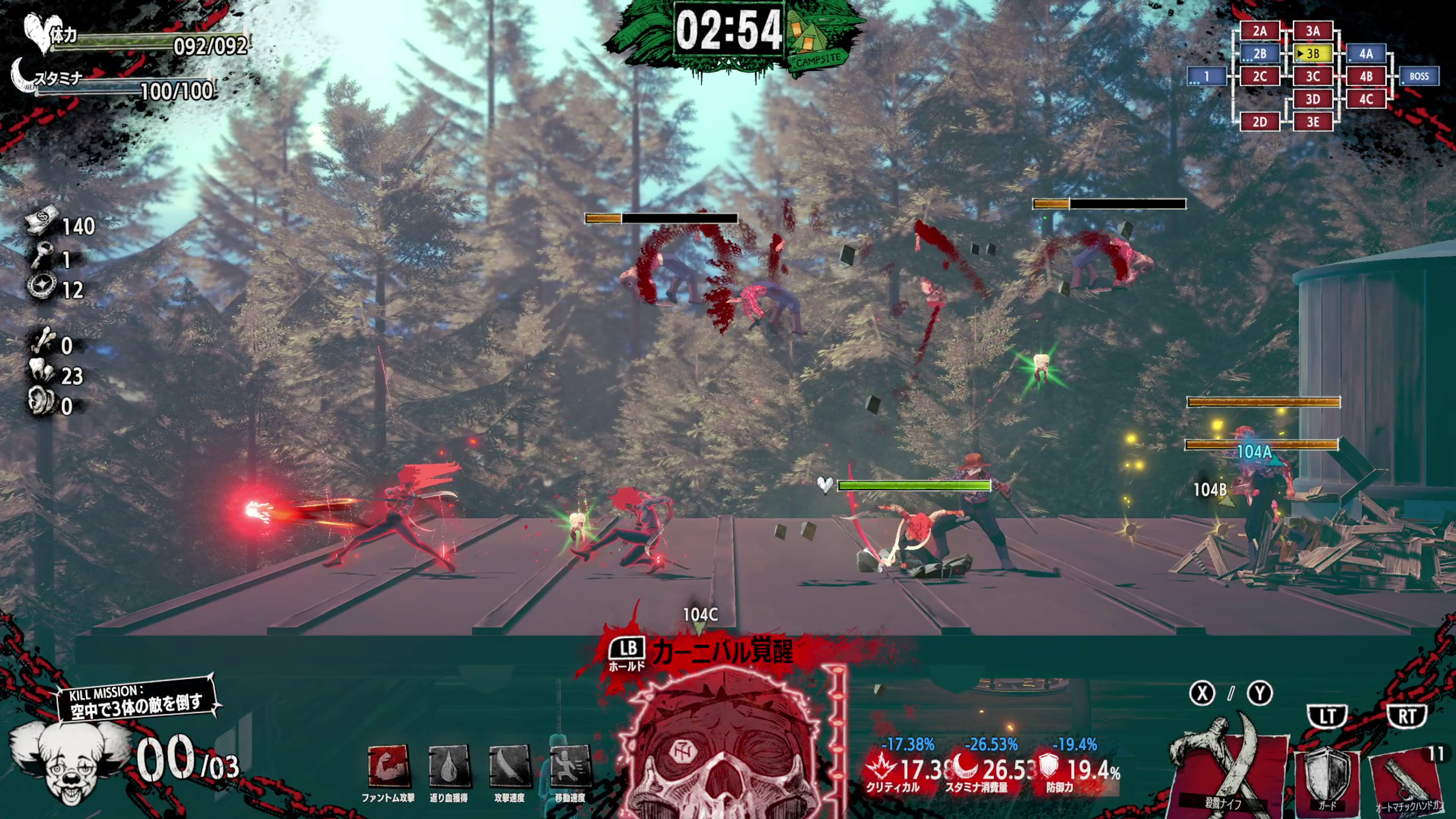 Spiel-Screenshot: Charaktere kämpfen mit Blutspritzern und Waldboden.