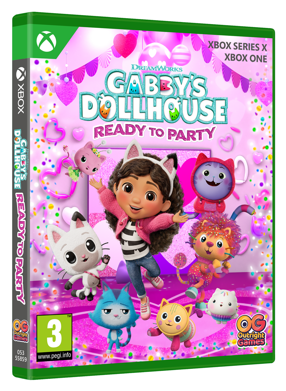 Grafika pudełka gry Gabby's Dollhouse z postaciami z kreskówek na różowym tle. Tytuł to Gabby's Dollhouse.
