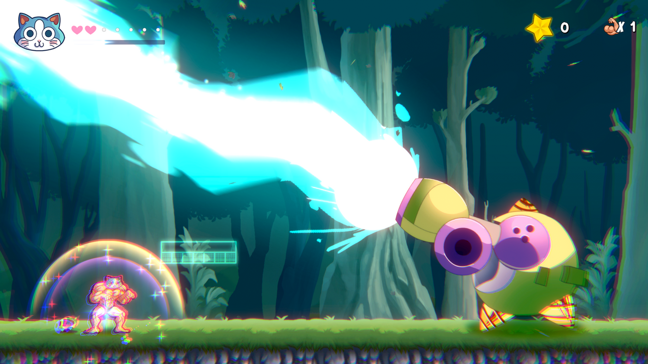 Una scena di gioco con un personaggio che spara un grande raggio da un cannone.