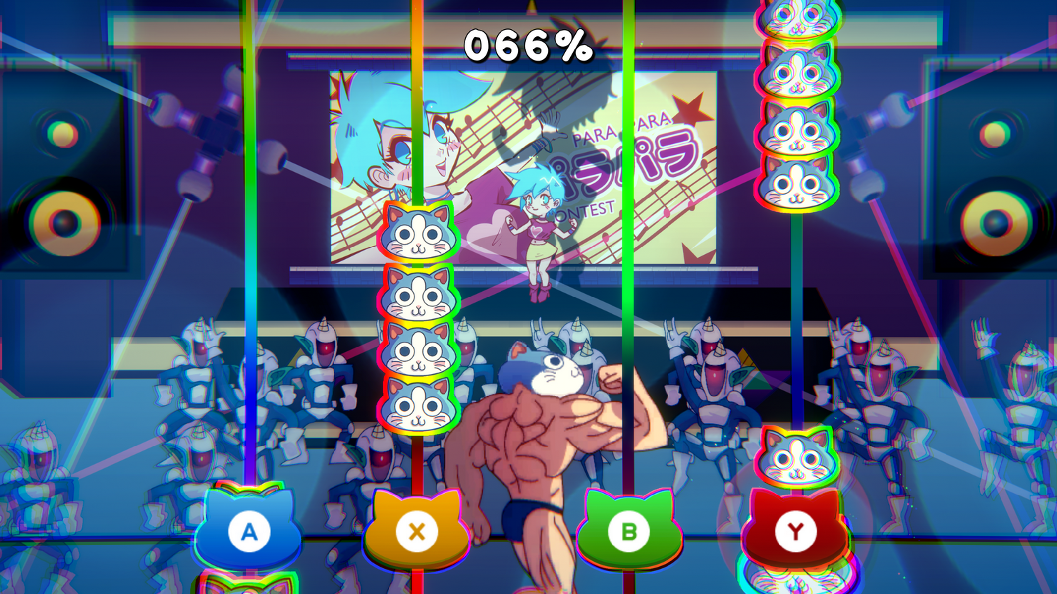 Un'interfaccia di gioco con personaggi che ballano. Il titolo, Para Para Paradise Contest, è visibile.