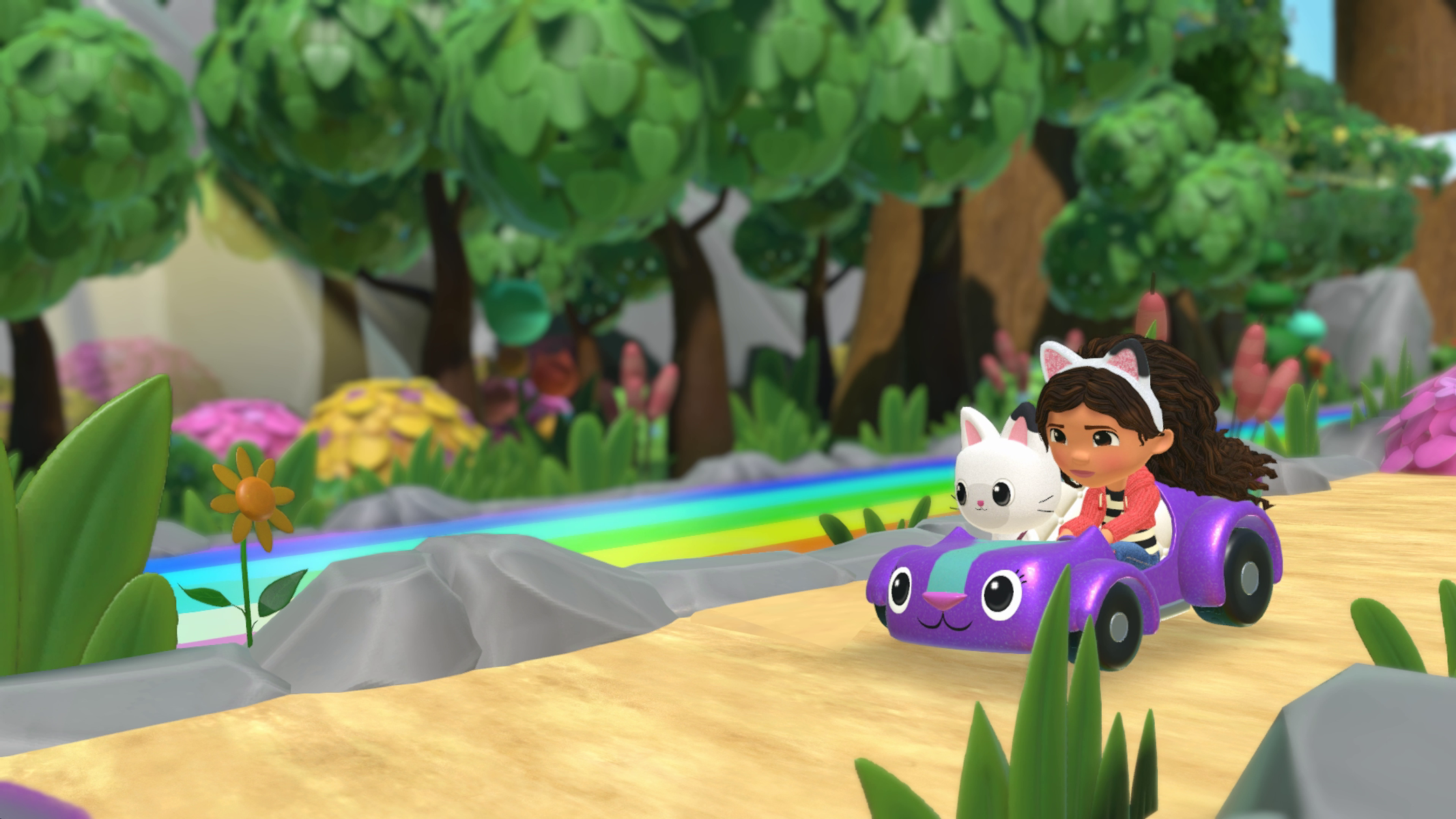Scena z kreskówki: dziewczyna i kot w samochodzie, jadący kolorową drogą.