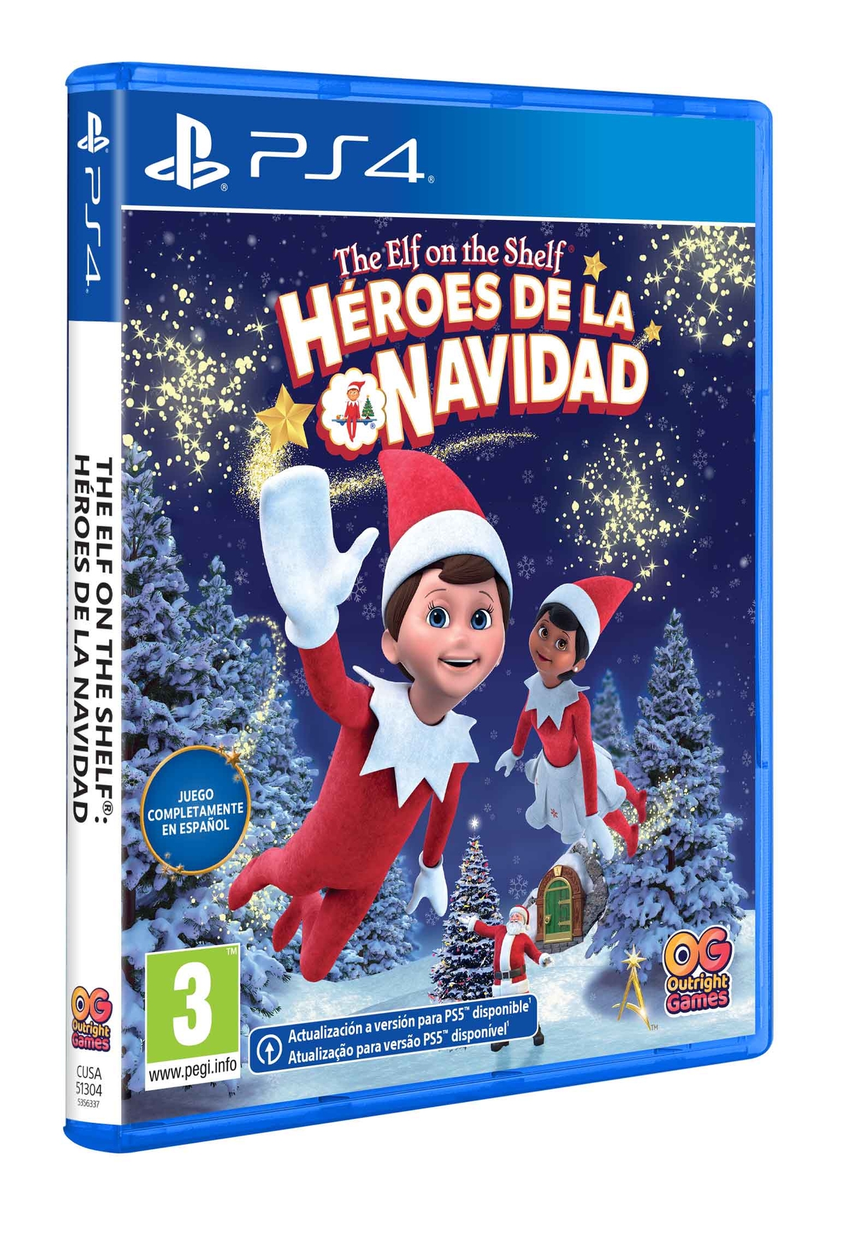 Copertina del gioco "The Elf on the Shelf". Elfo in tuta rossa, neve, alberi di Natale.